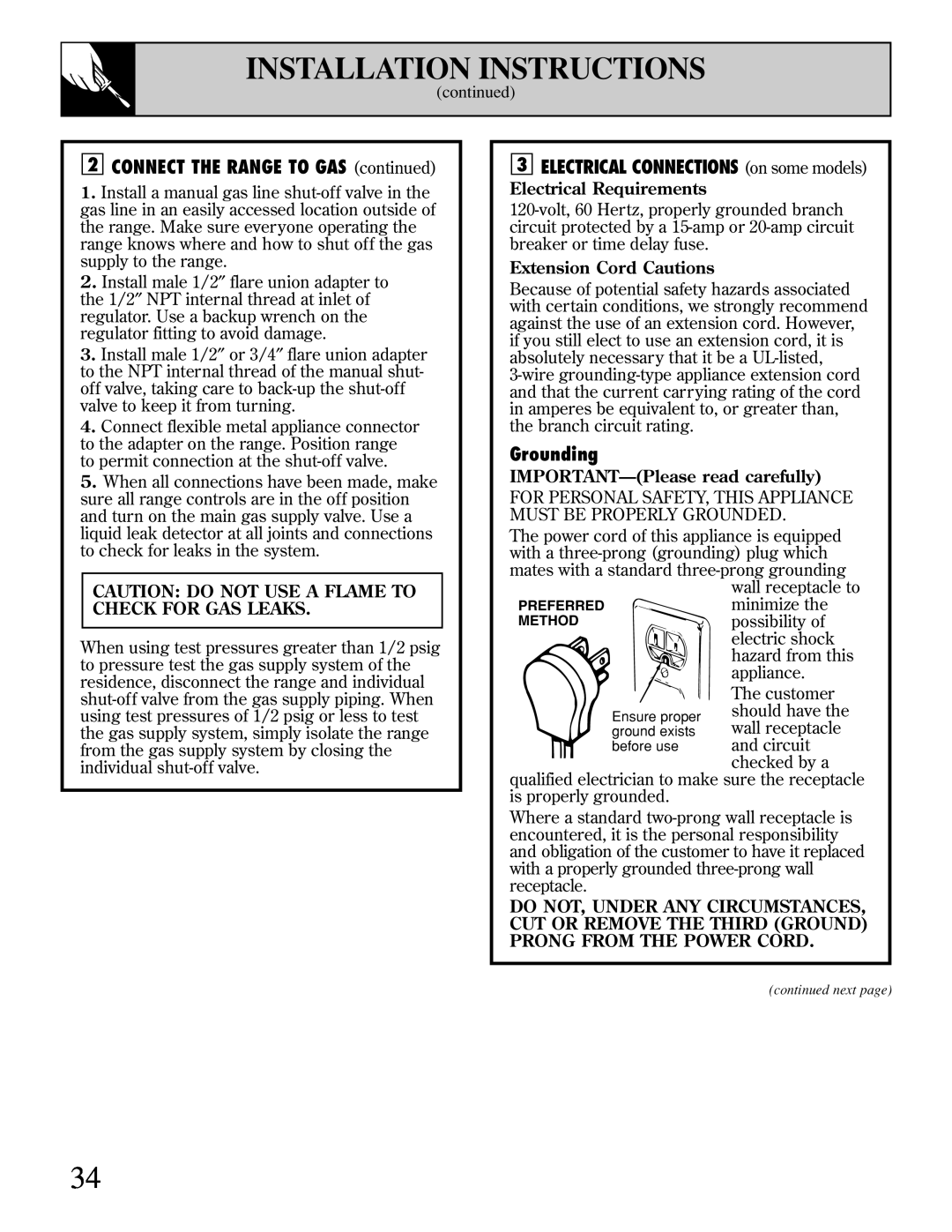GE XL44 Installation Instructions, CONNECT THE RANGE TO GAS continued, ELECTRICAL CONNECTIONS on some models, Grounding 