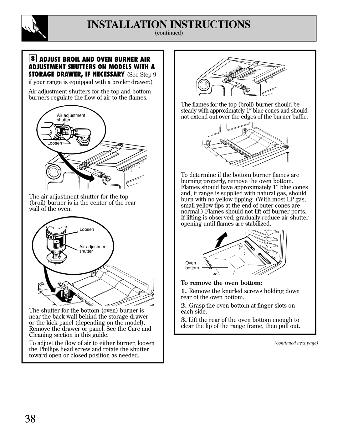 GE XL44 Installation Instructions, To remove the oven bottom, Air adjustment shutter Loosen, Loosen Air adjustment shutter 