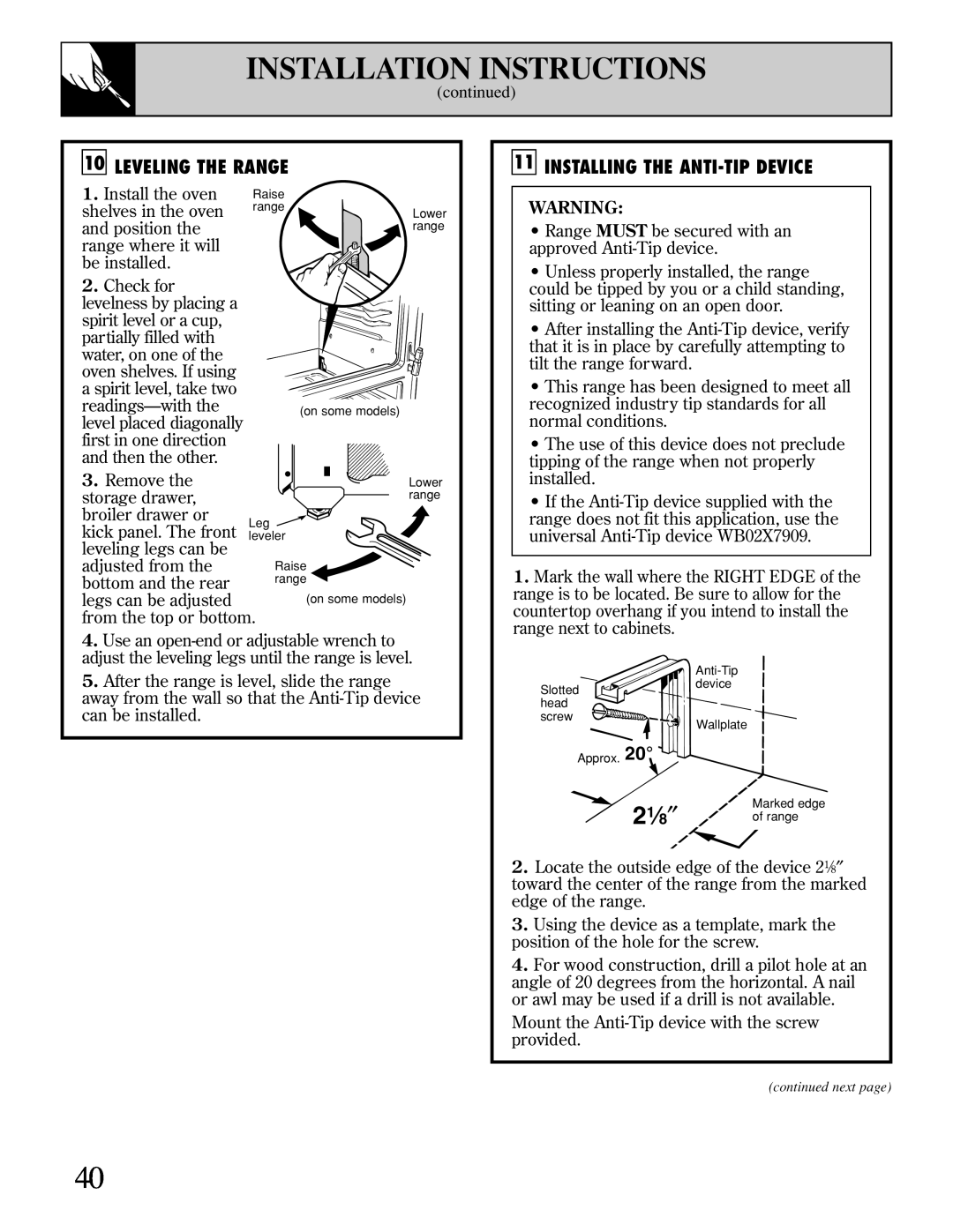 GE XL44 manual 2 1⁄ 8 ″, Installation Instructions, Leveling The Range, Installing The Anti-Tip Device 