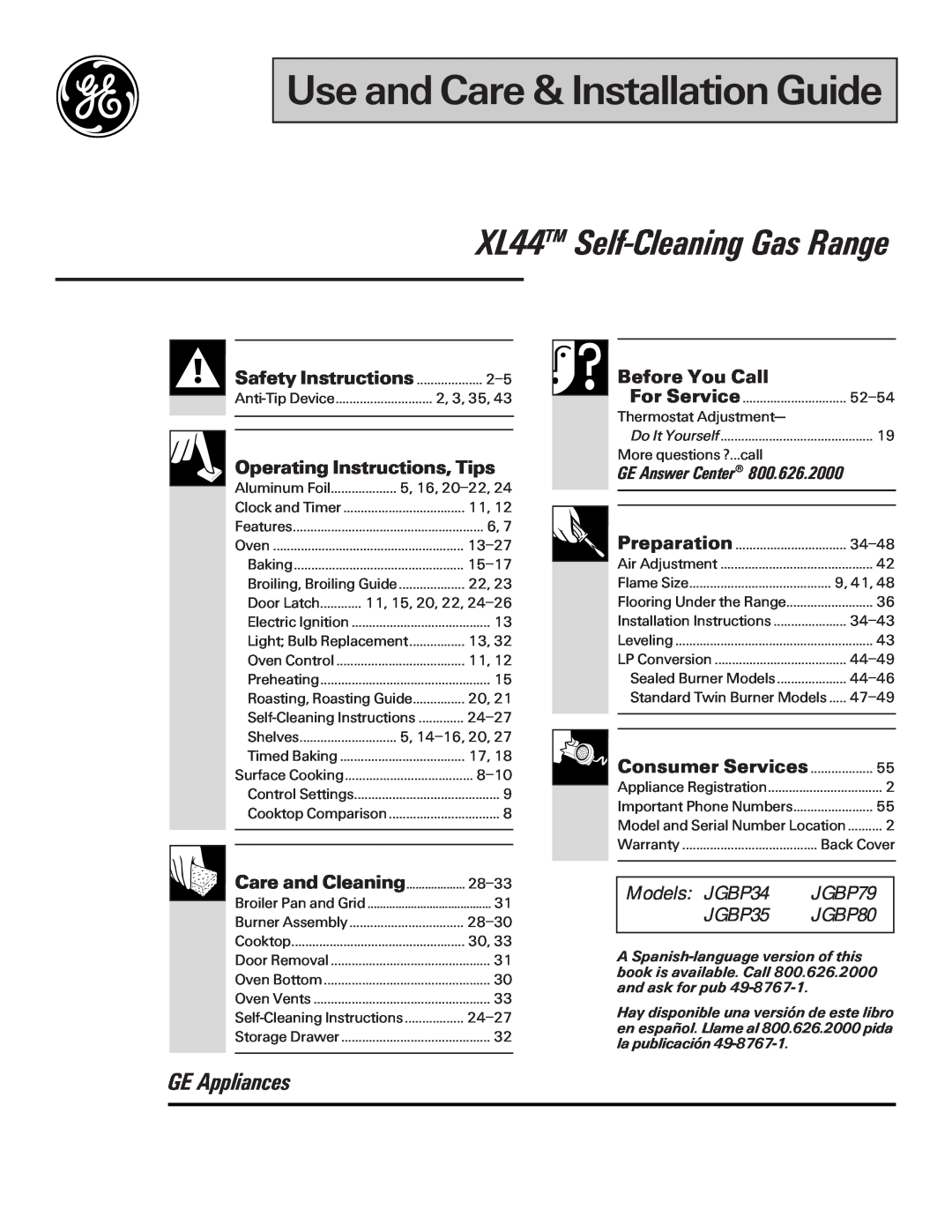 GE manual RangesXL44 Gas, GEAppliances.com, Safety Instructions, Installation, Operating Instructions, Tips, JGBC20 