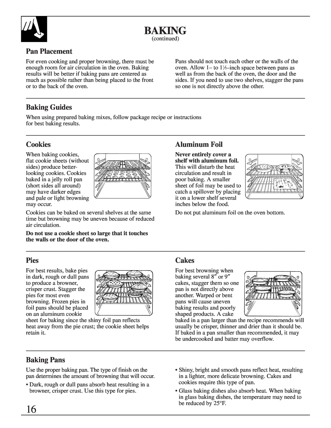 GE XL44 installation instructions Pan Placement, Baking Guides, Cookies, Aluminum Foil, Pies, Cakes, Baking Pans 