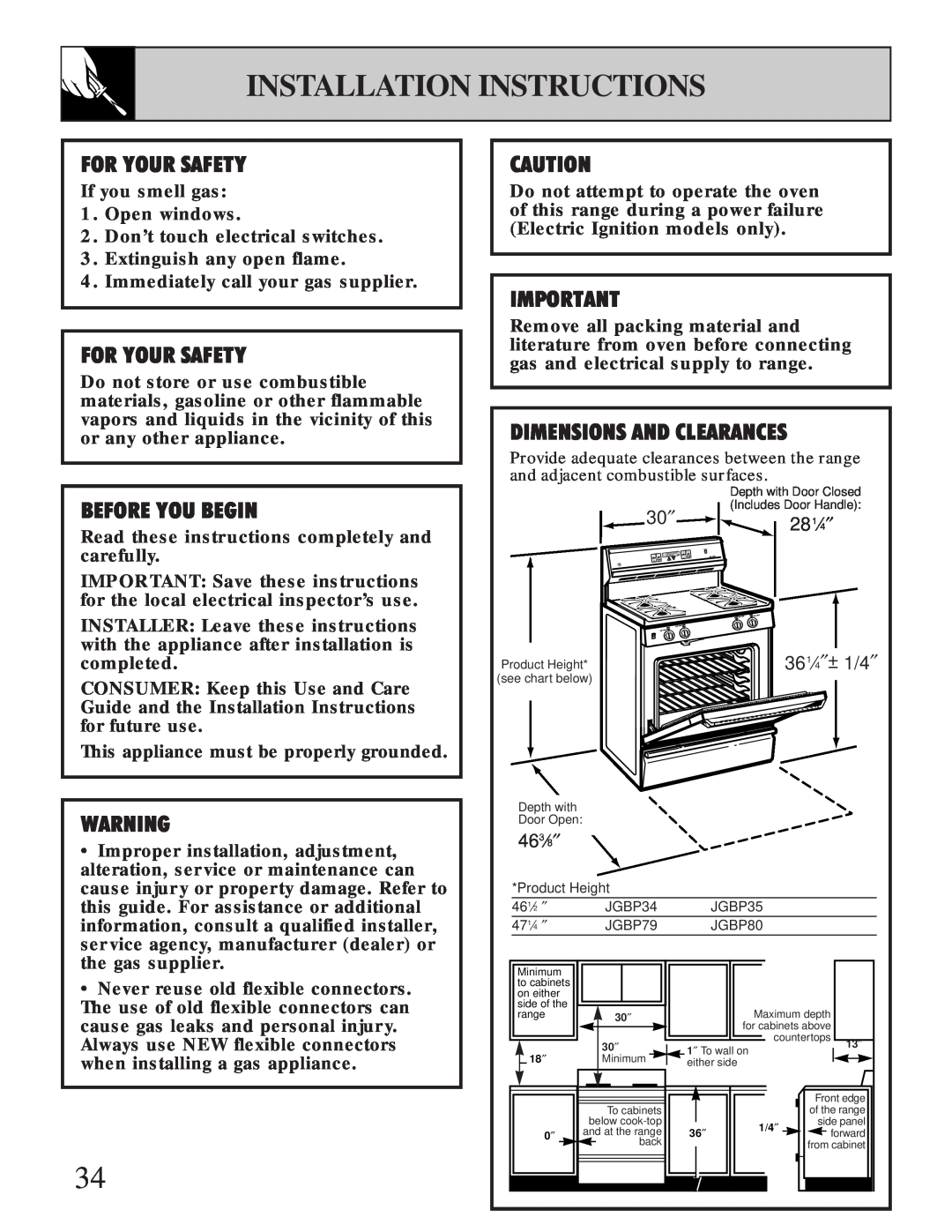 GE XL44 installation instructions Installation Instructions, For Your Safety, Before You Begin, Dimensions And Clearances 