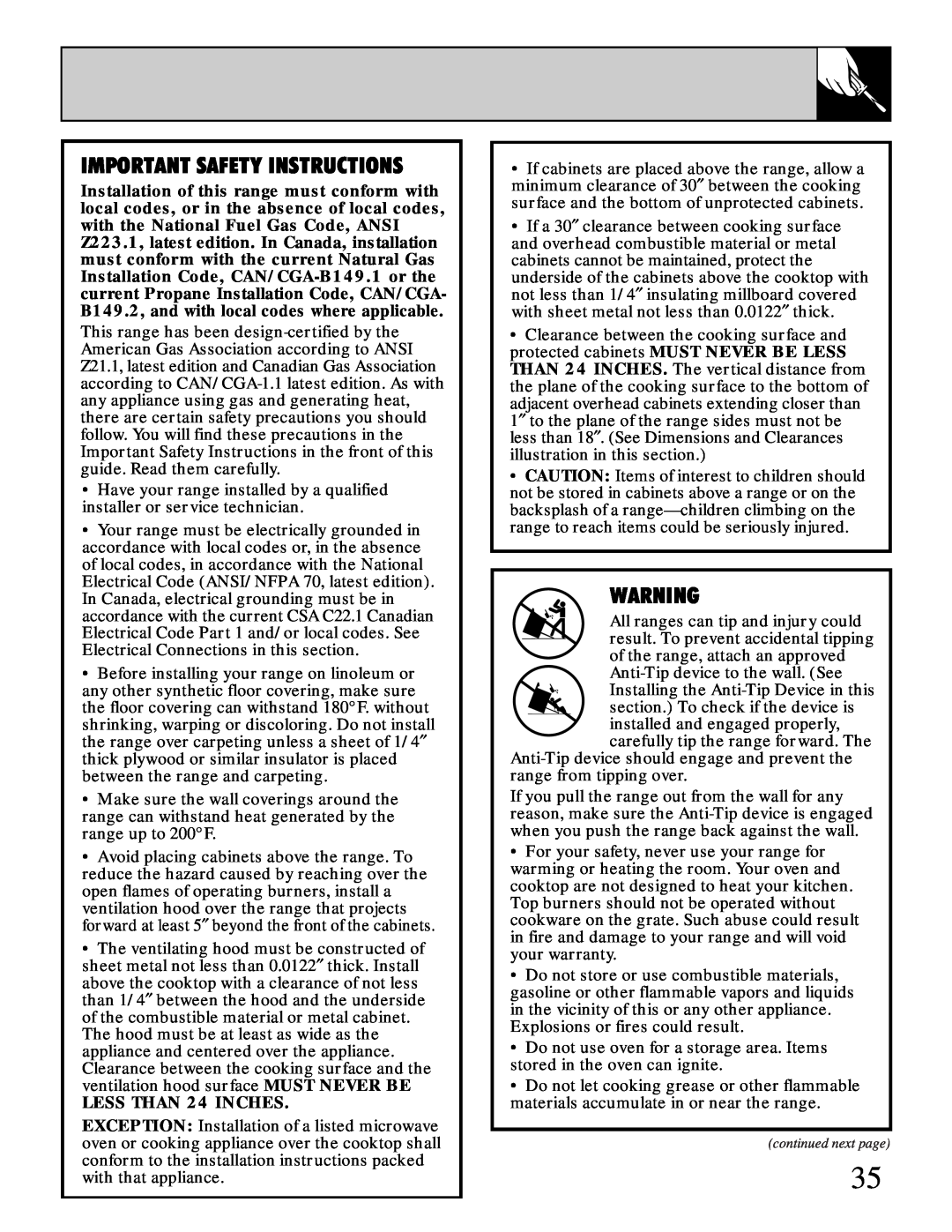 GE XL44 installation instructions Important Safety Instructions, LESS THAN 24 INCHES 