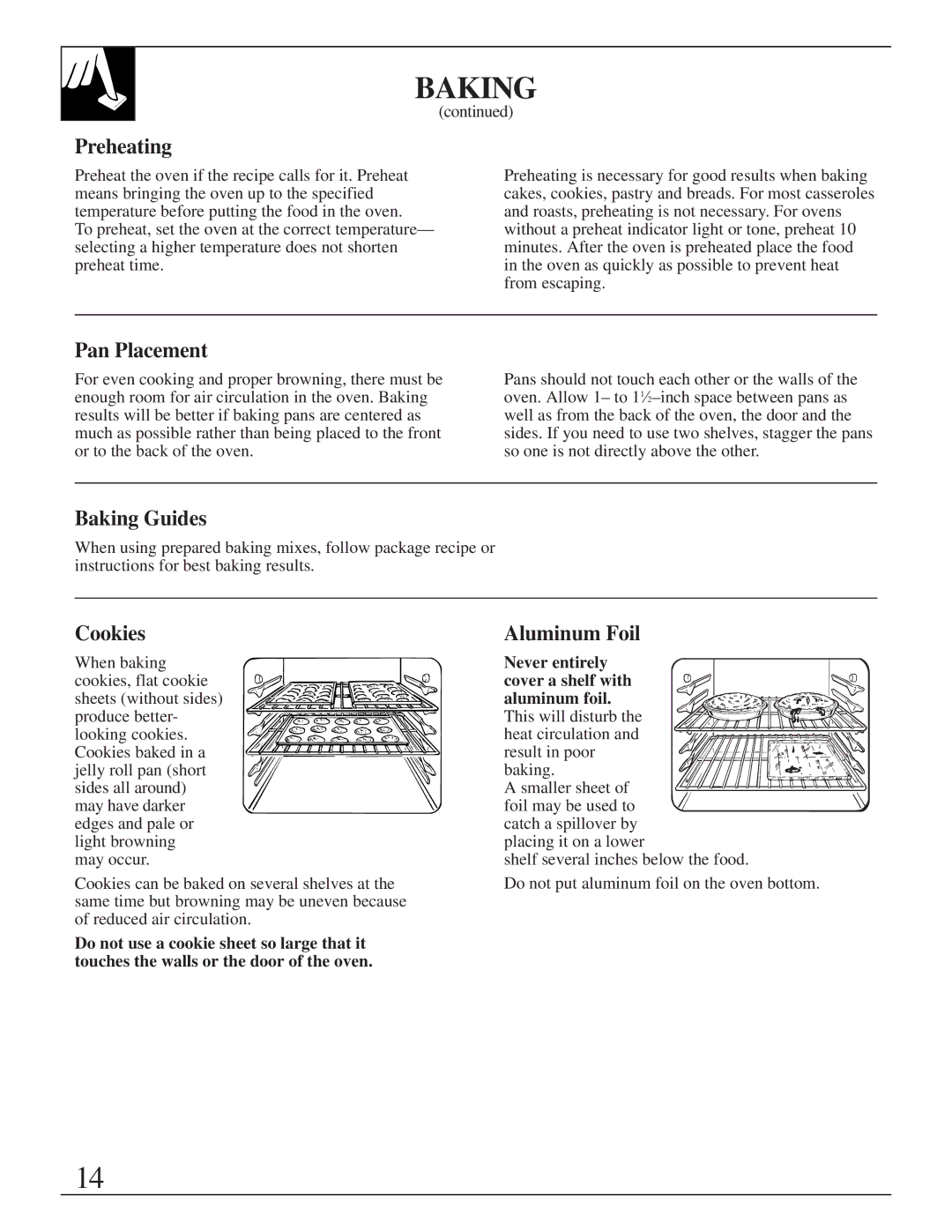 GE XL44TM installation instructions Preheating, Pan Placement, Baking Guides, Cookies, Aluminum Foil 