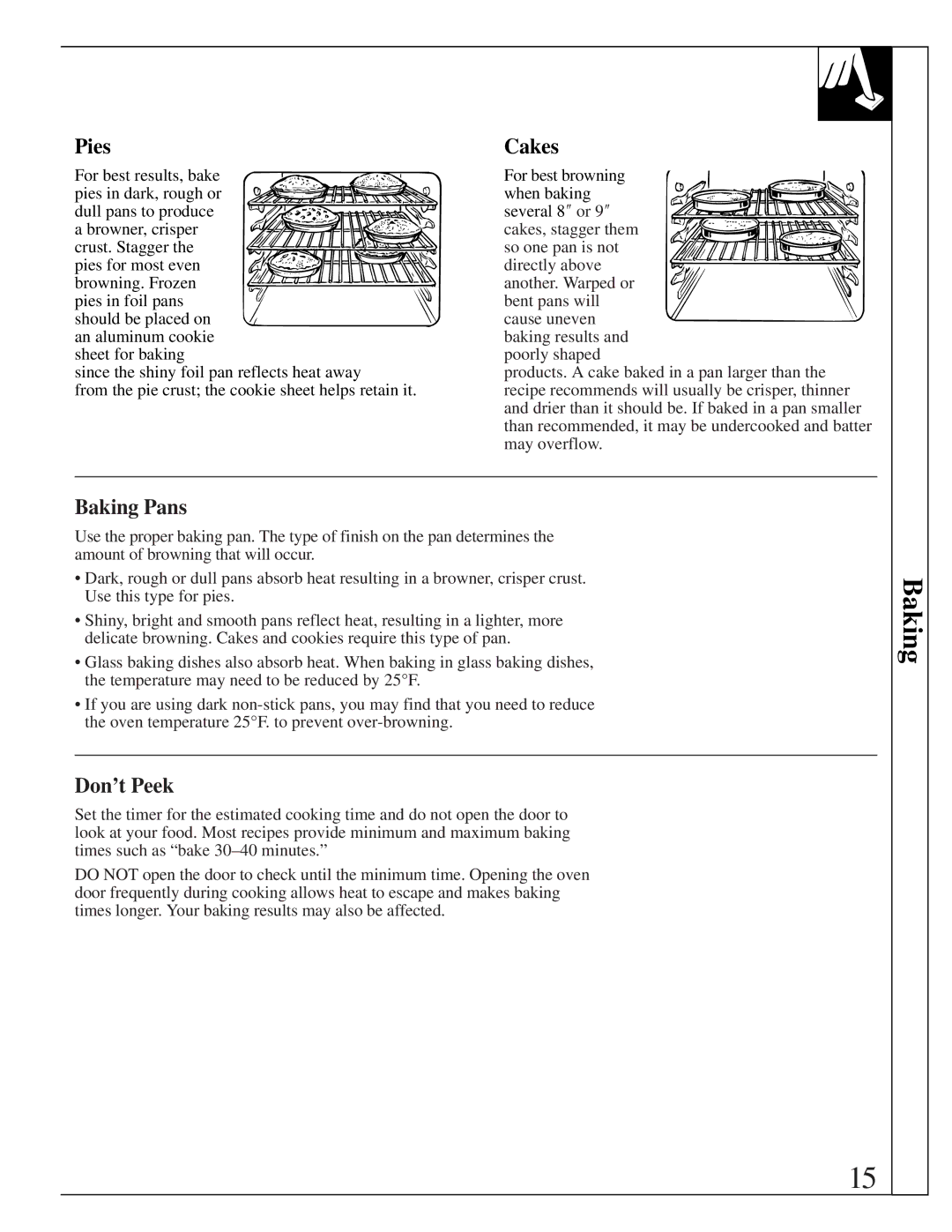 GE XL44TM installation instructions Pies, Cakes, Baking Pans, Don’t Peek 