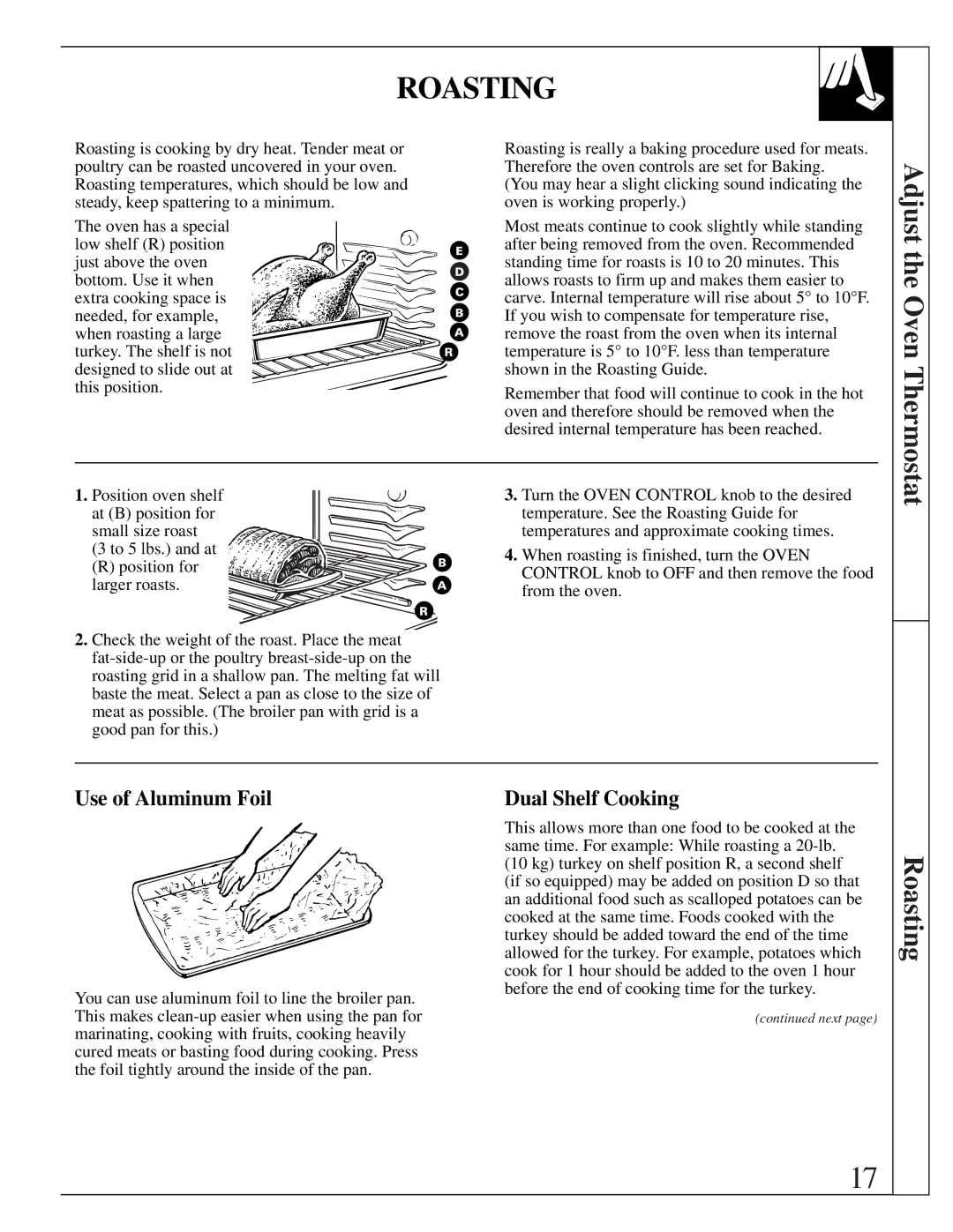 GE XL44TM installation instructions Roasting, Use of Aluminum Foil, Dual Shelf Cooking 