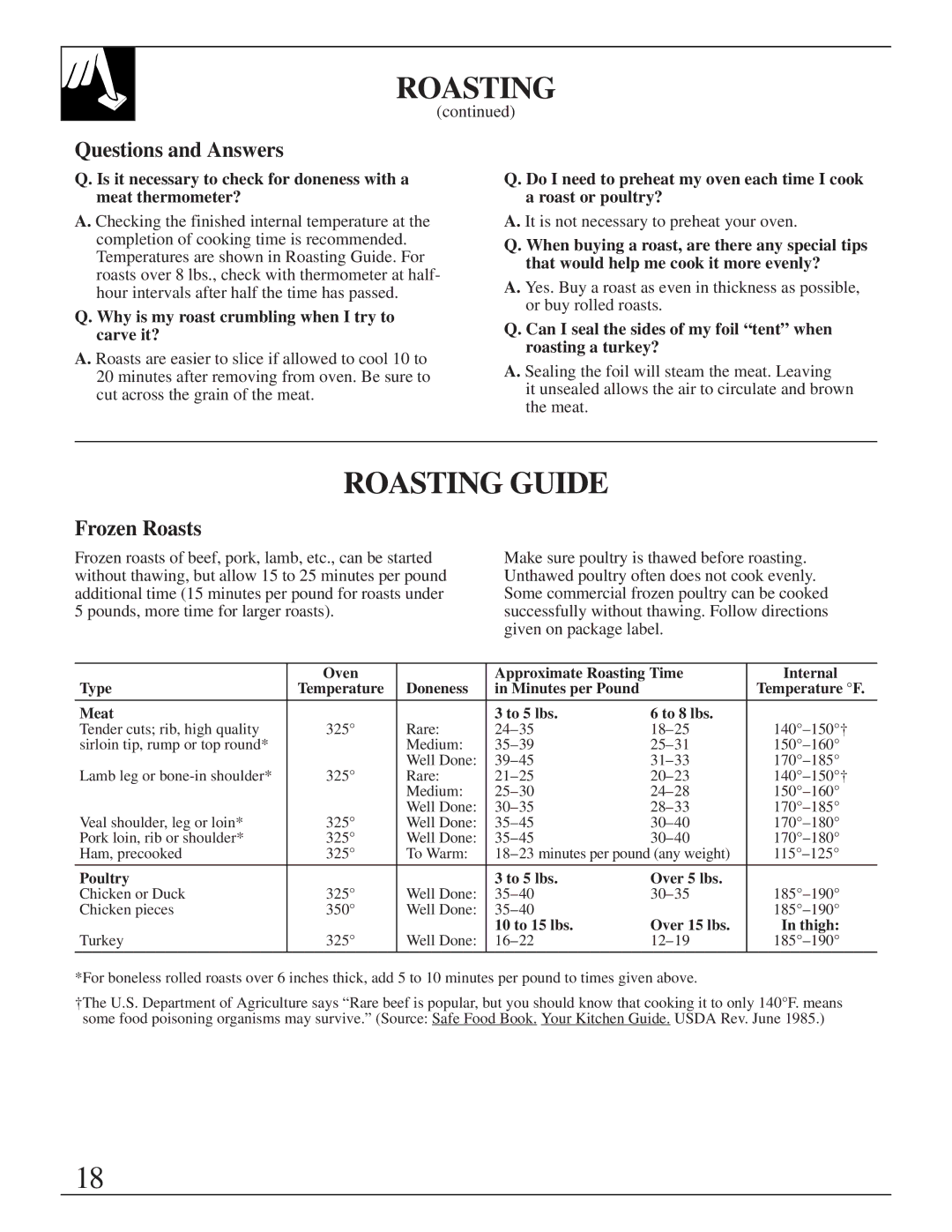 GE XL44TM Roasting Guide, Questions and Answers, Frozen Roasts, Why is my roast crumbling when I try to carve it? 