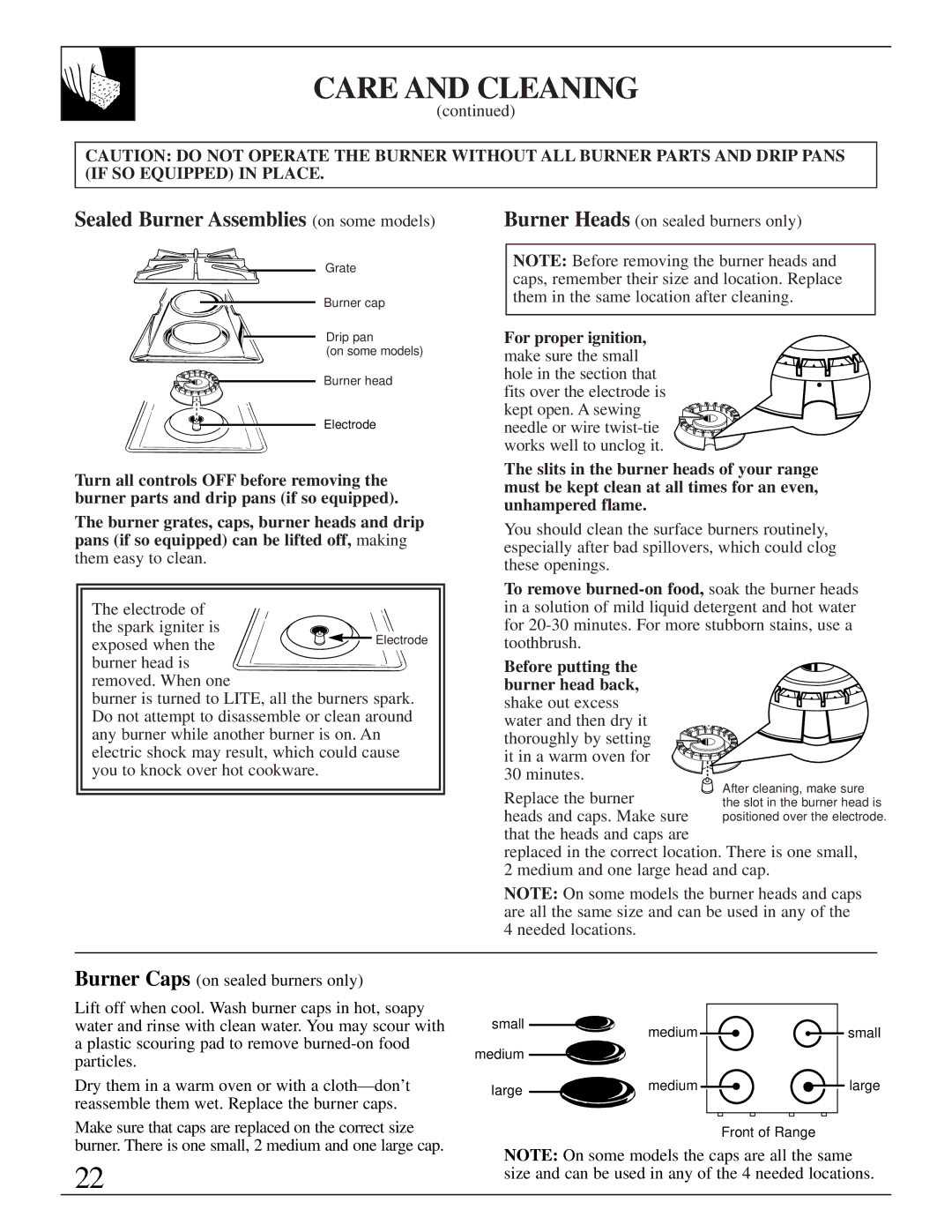 GE XL44TM installation instructions Sealed Burner Assemblies on some models, For proper ignition 