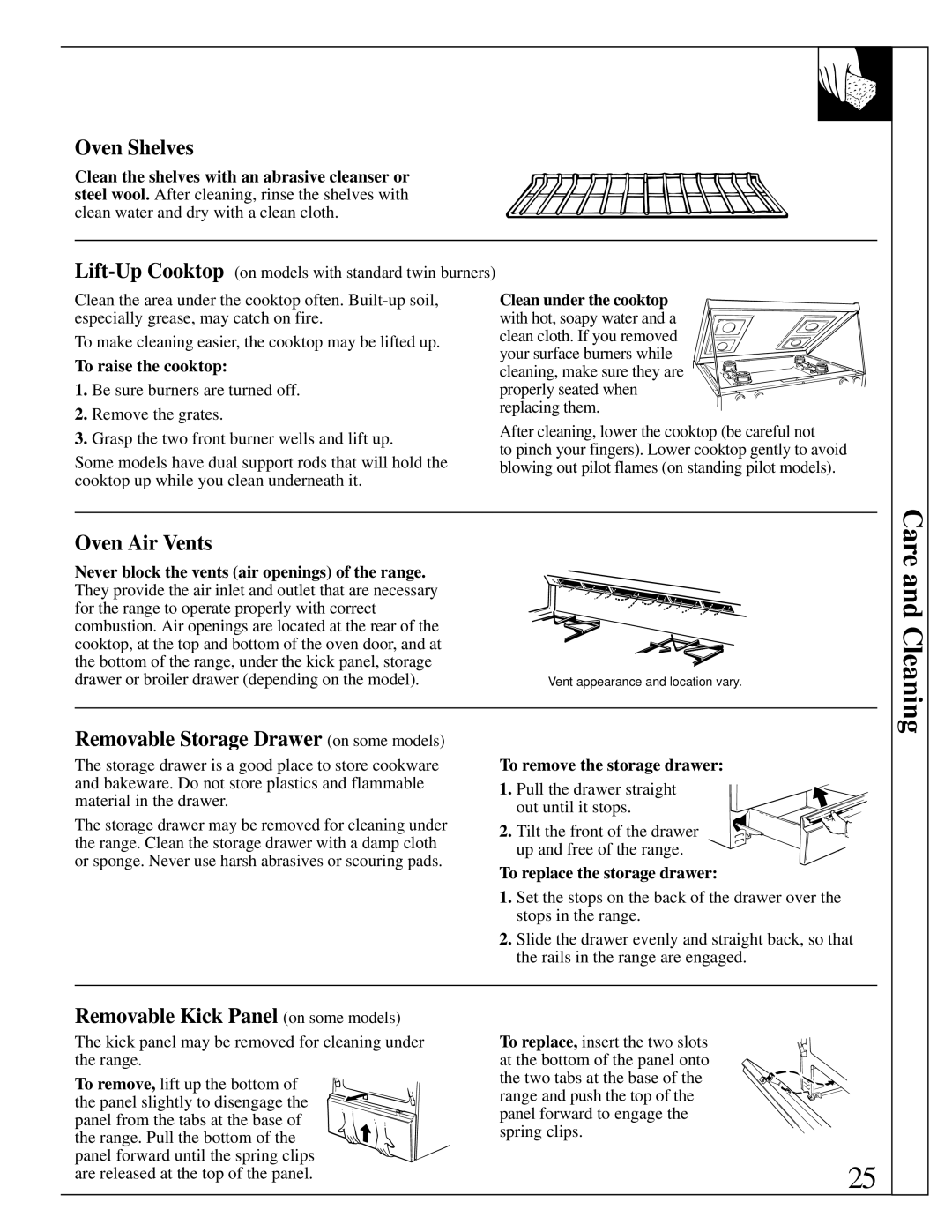 GE XL44TM Oven Air Vents, Removable Storage Drawer on some models, Removable Kick Panel on some models 