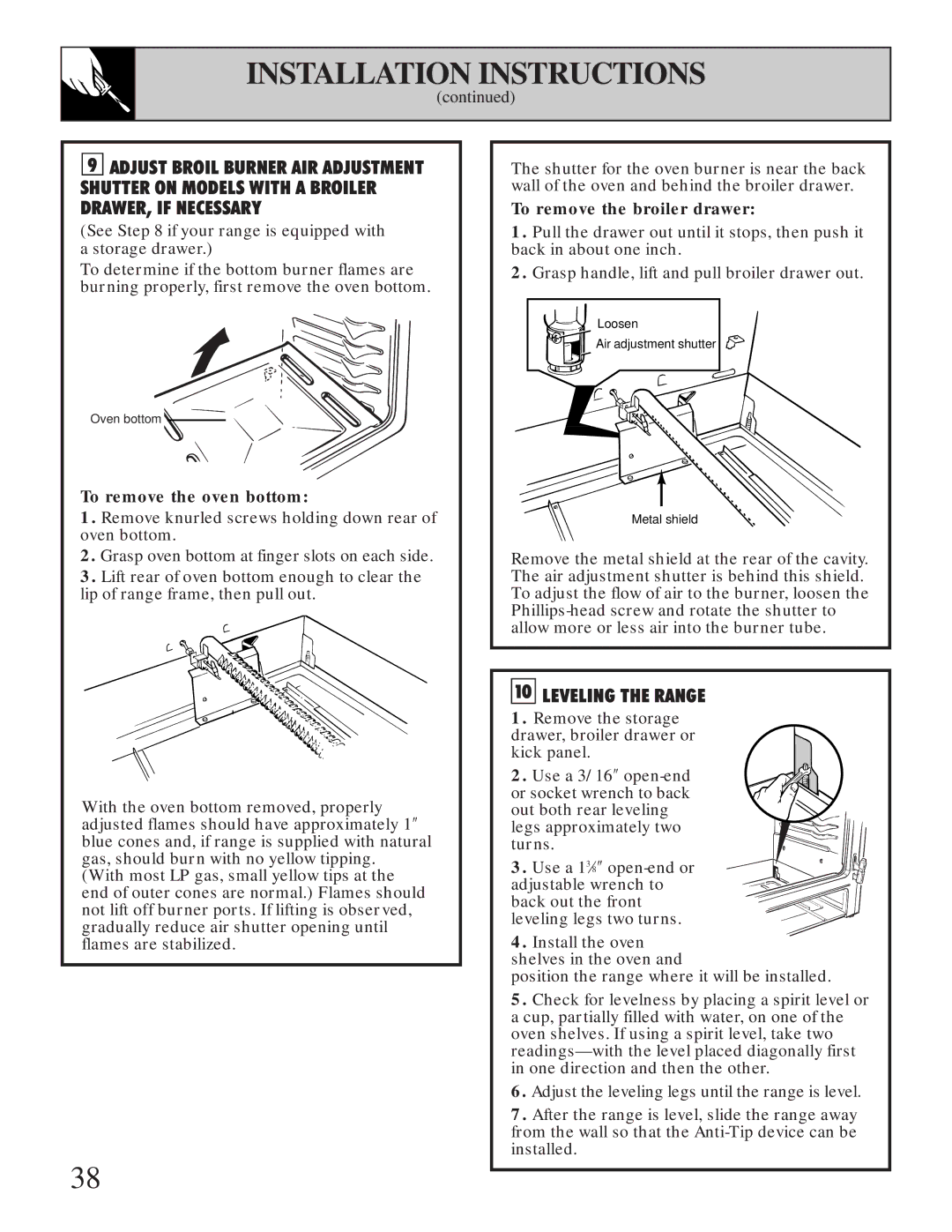 GE XL44TM installation instructions Leveling the Range, To remove the broiler drawer 