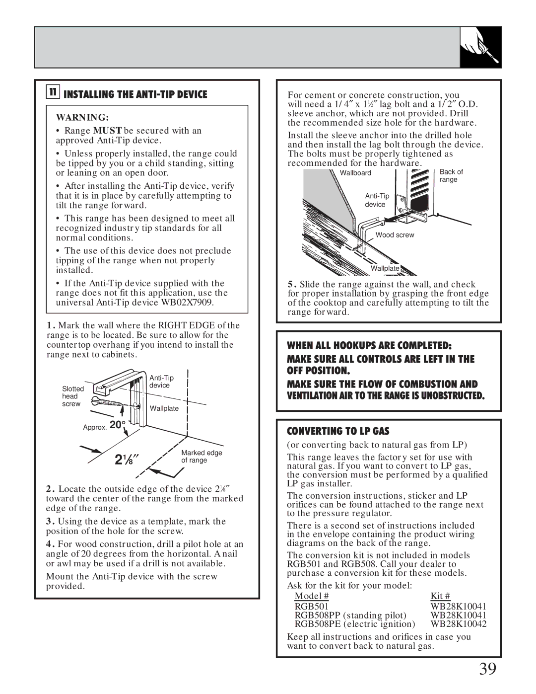 GE XL44TM installation instructions Installing the ANTI-TIP Device 