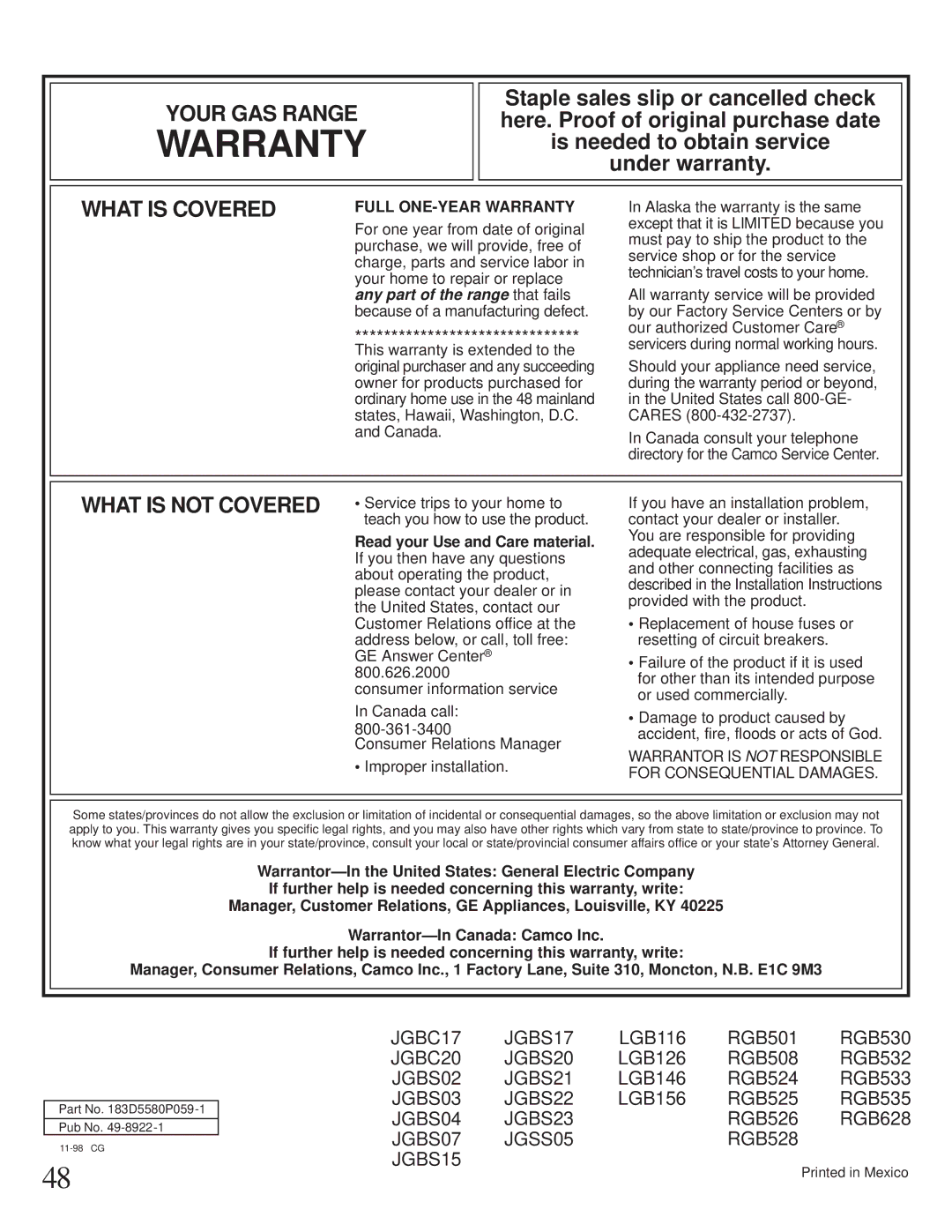 GE XL44TM installation instructions Warranty 