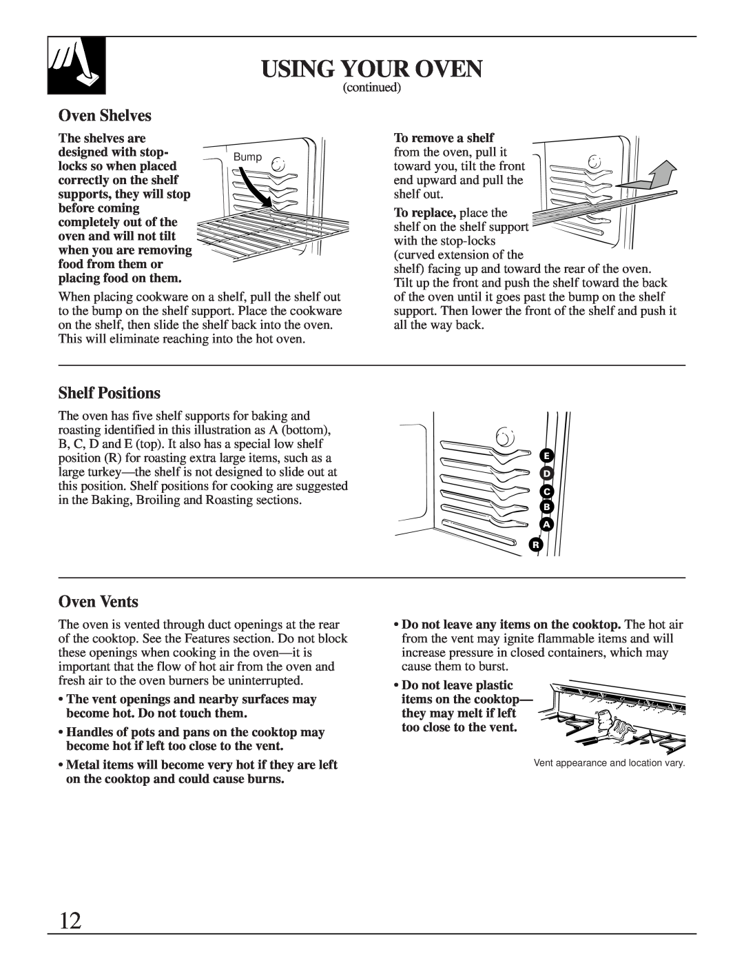 GE XL44TM Oven Shelves, Shelf Positions, Oven Vents, Using Your Oven, The shelves are, designed with stop, before coming 