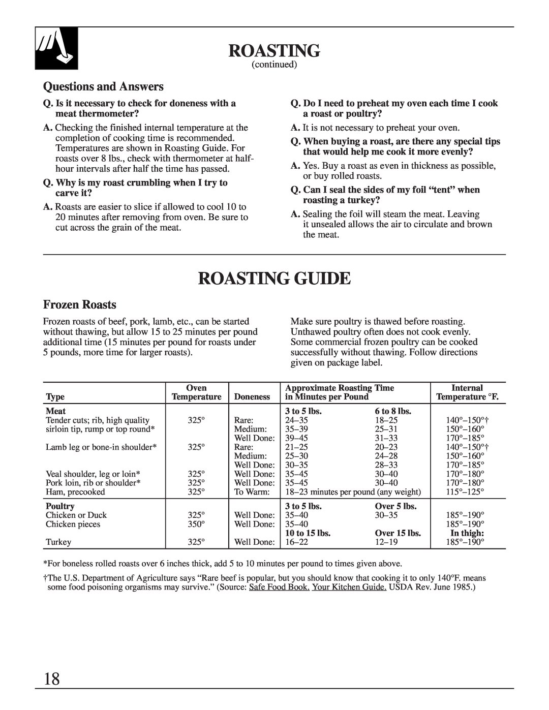 GE XL44TM Roasting Guide, Questions and Answers, Frozen Roasts, Q. Why is my roast crumbling when I try to carve it? 