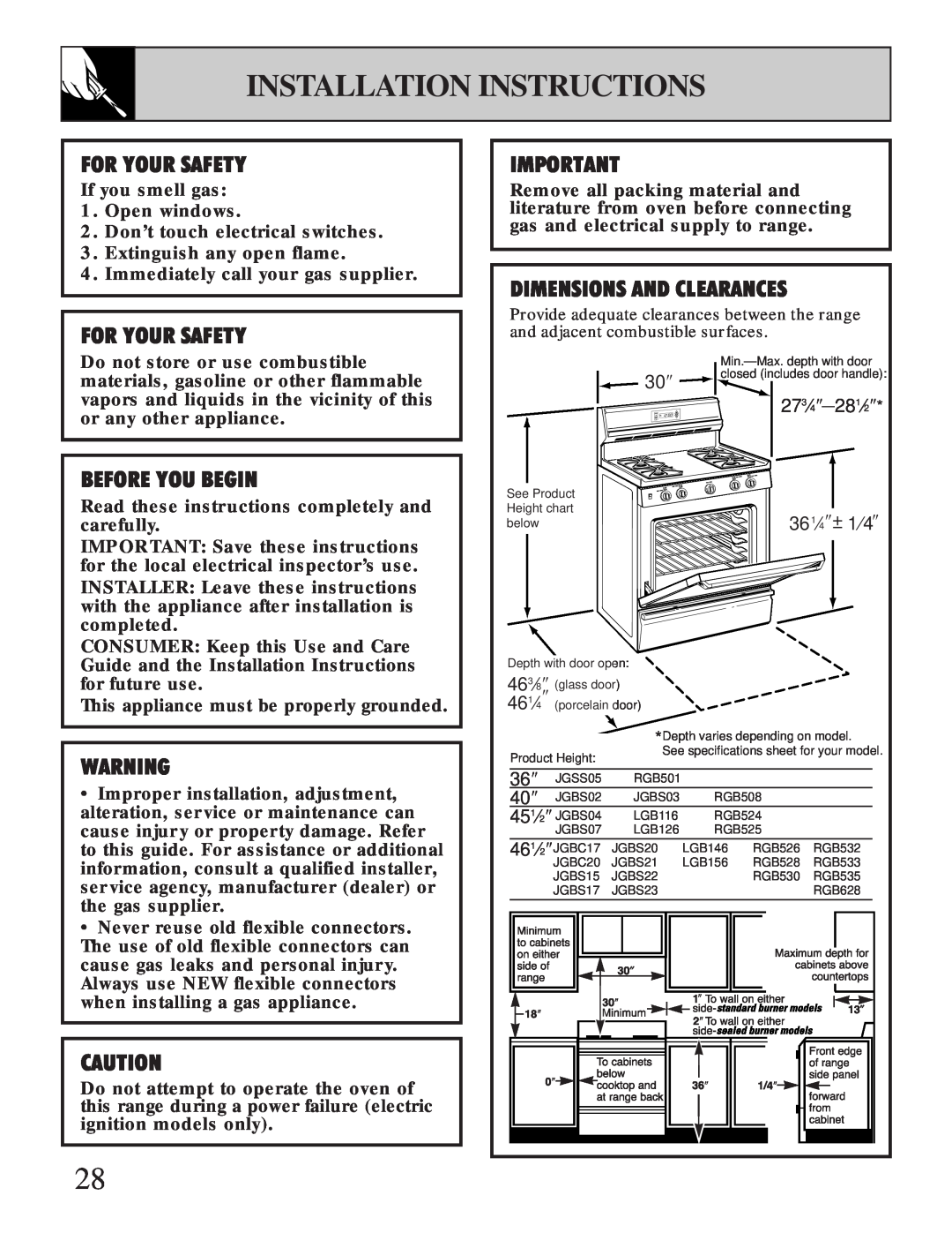 GE XL44TM installation instructions Installation Instructions, For Your Safety, Before You Begin, Dimensions And Clearances 