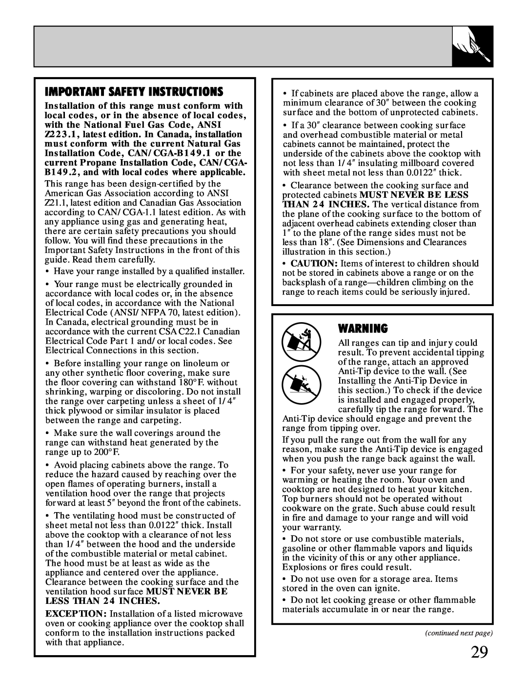 GE XL44TM installation instructions Important Safety Instructions, LESS THAN 24 INCHES 