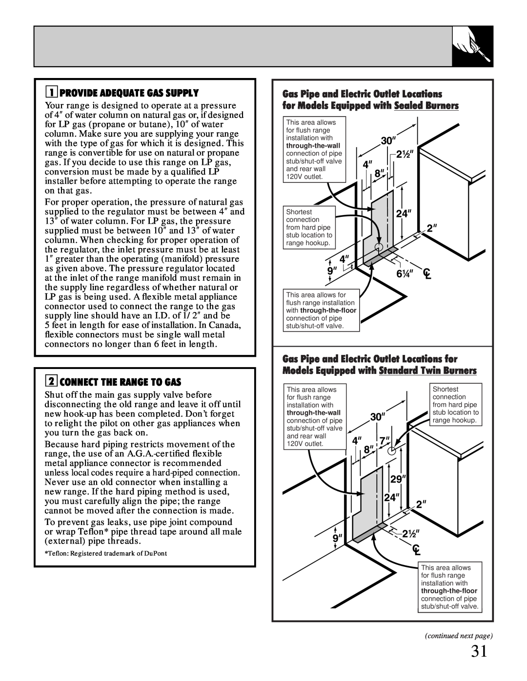 GE XL44TM installation instructions Provide Adequate Gas Supply, Connect The Range To Gas, through-the-wall 