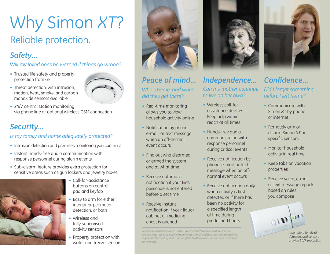 GE XT Trusted life safety and property, Protection from GE, Threat detection, with intrusion, Monoxide sensors available 