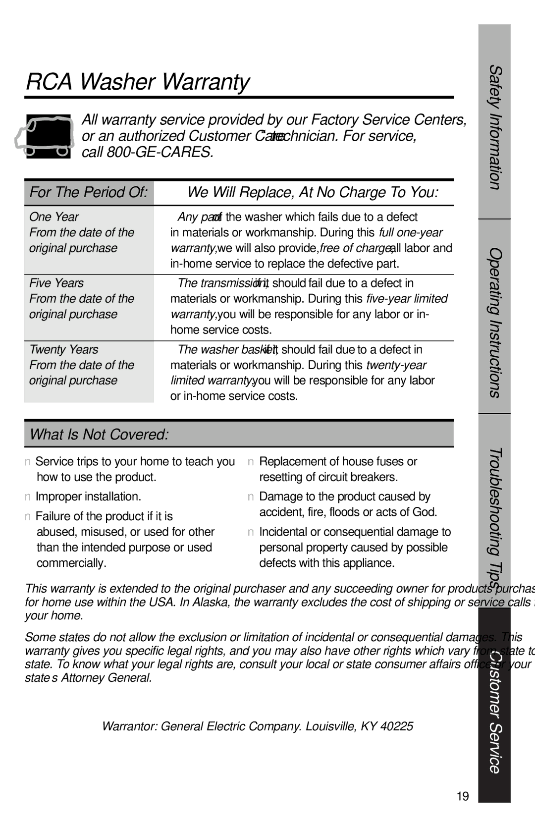 GE YVXR1040 owner manual RCA Washer Warranty, We Will Replace, At No Charge To You 