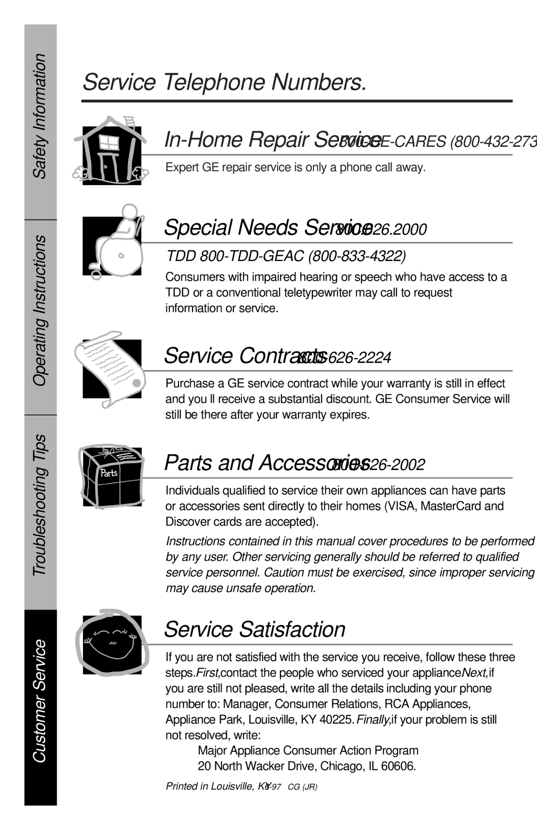 GE YVXR1040 owner manual Service Telephone Numbers, In-Home Repair Service 800-GE-CARES, TDD 800-TDD-GEAC 