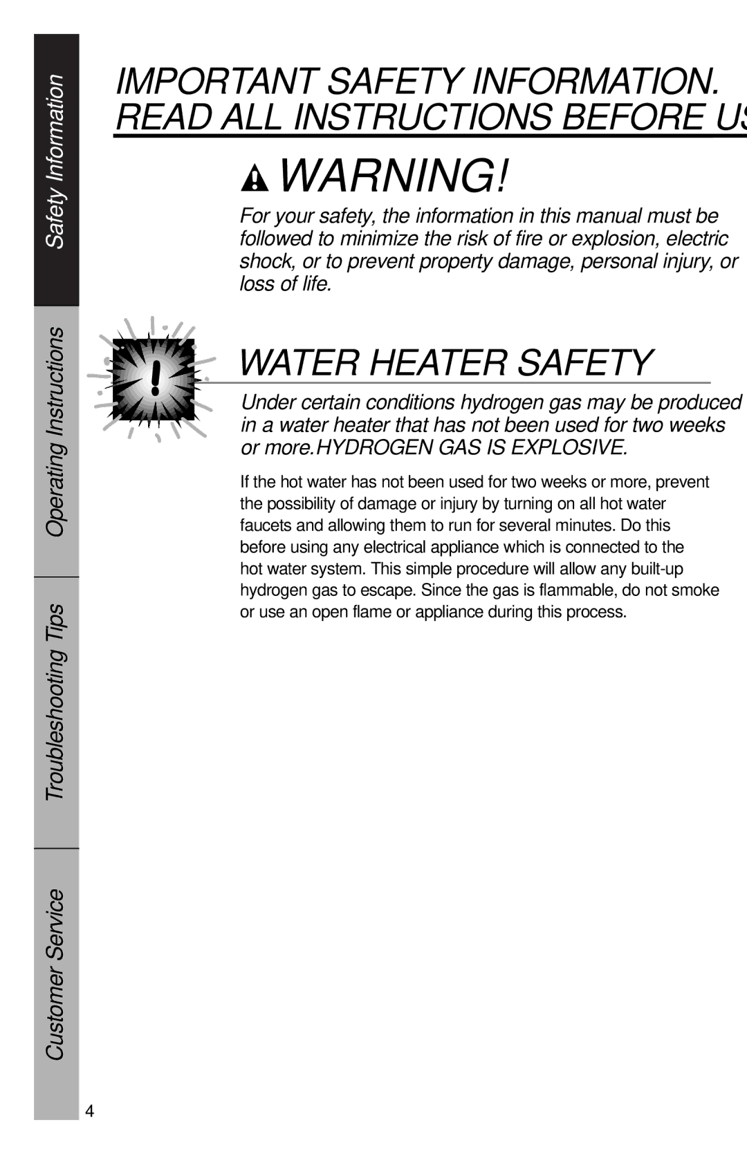 GE YVXR1040 owner manual Water Heater Safety 