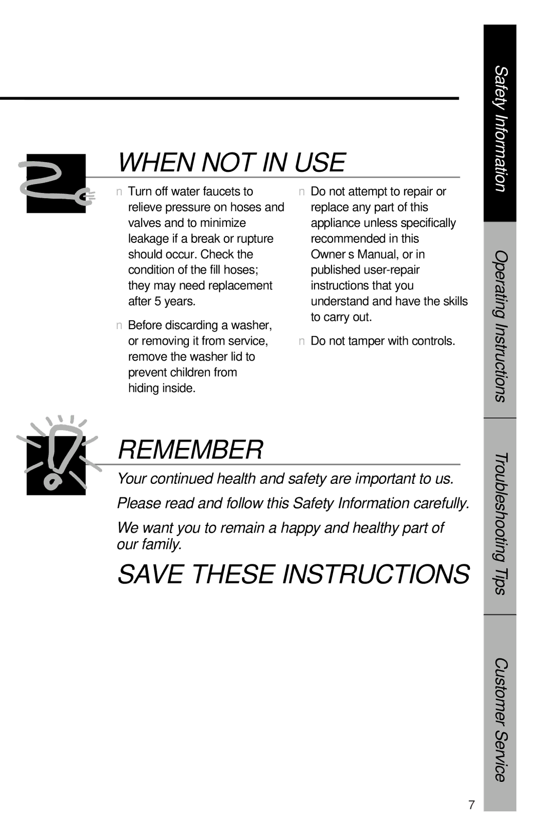 GE YVXR1040 owner manual When not in USE, Safety Information 