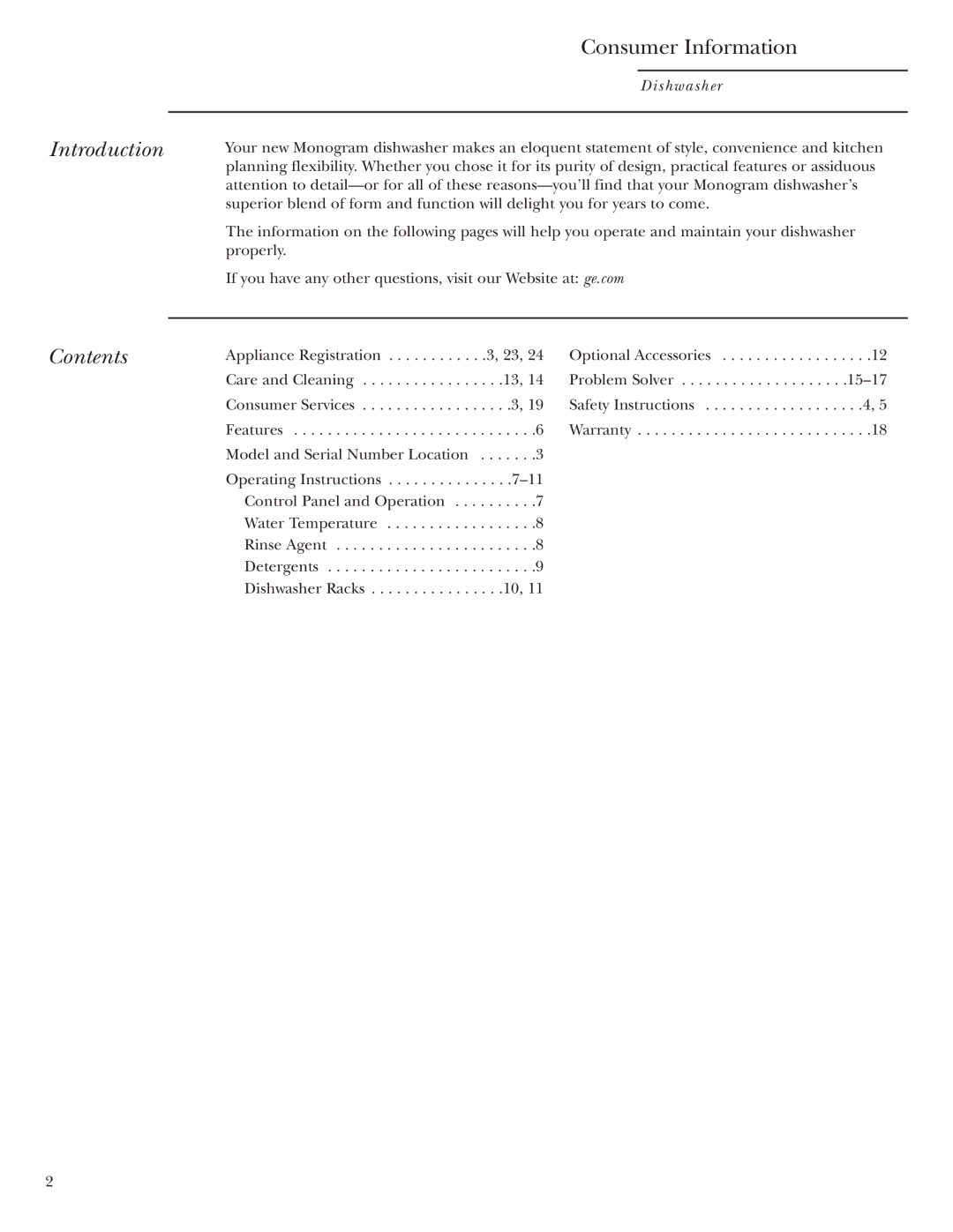 GE ZBD1800 owner manual Introduction, Contents 