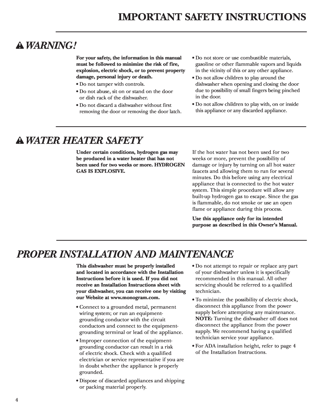 GE ZBD1800 Important Safety Instructions, w WARNING, w WATER HEATER SAFETY, Proper Installation And Maintenance 