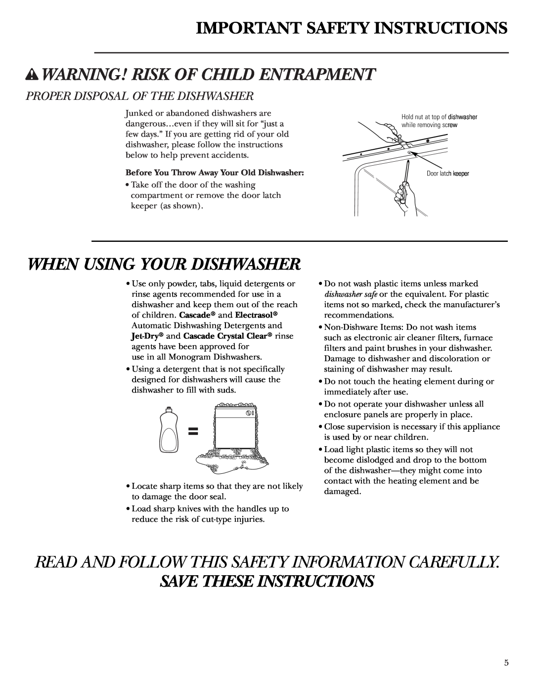 GE ZBD1800 owner manual w WARNING! RISK OF CHILD ENTRAPMENT, When Using Your Dishwasher, Save These Instructions 