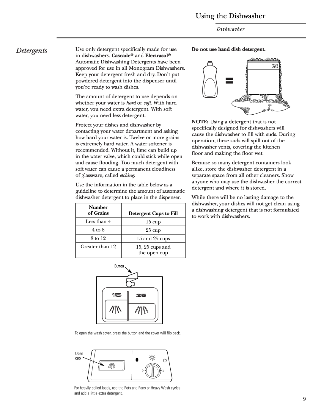 GE ZBD1800 owner manual Using the Dishwasher, Detergents 