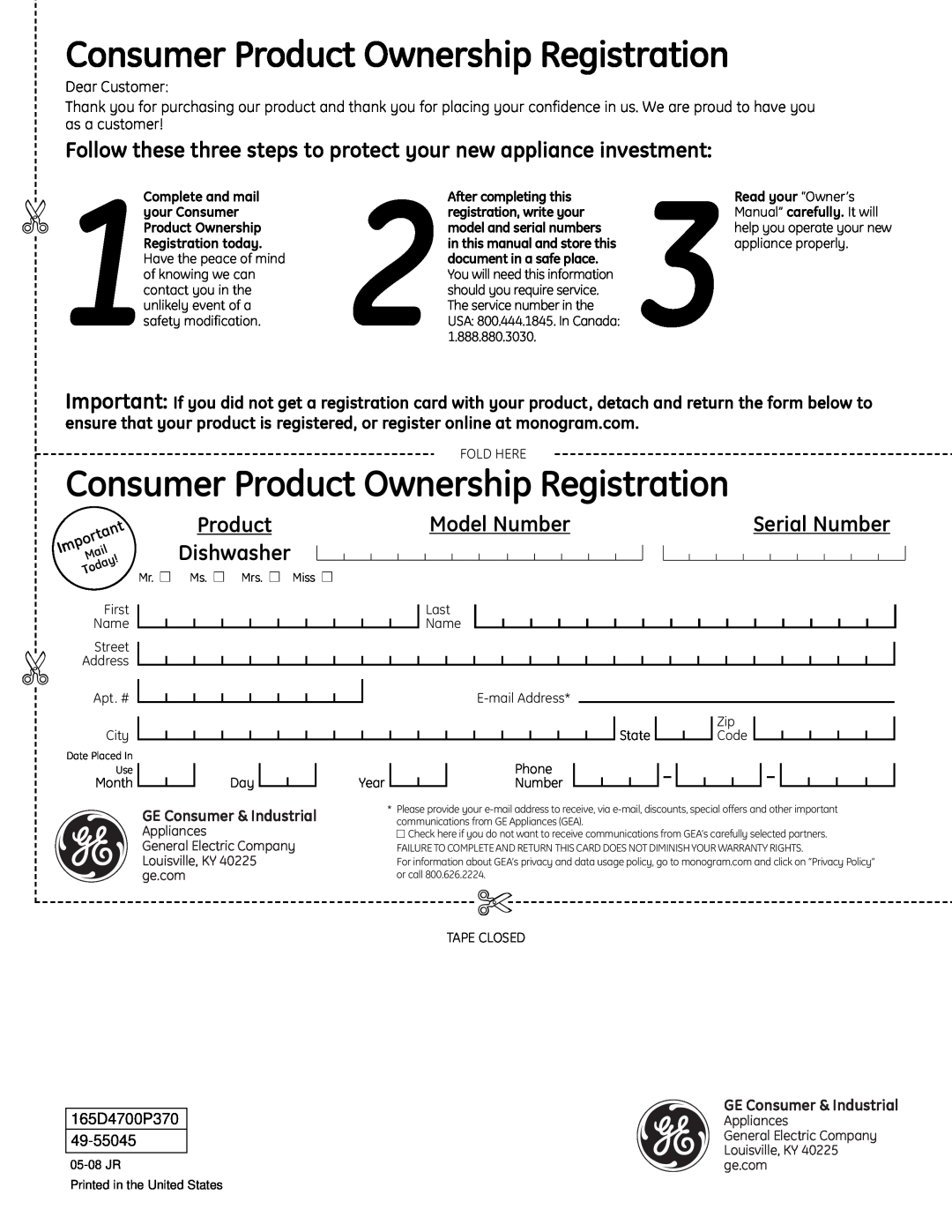 GE ZBD1870 Consumer Product Ownership Registration, Follow these three steps to protect your new appliance investment 