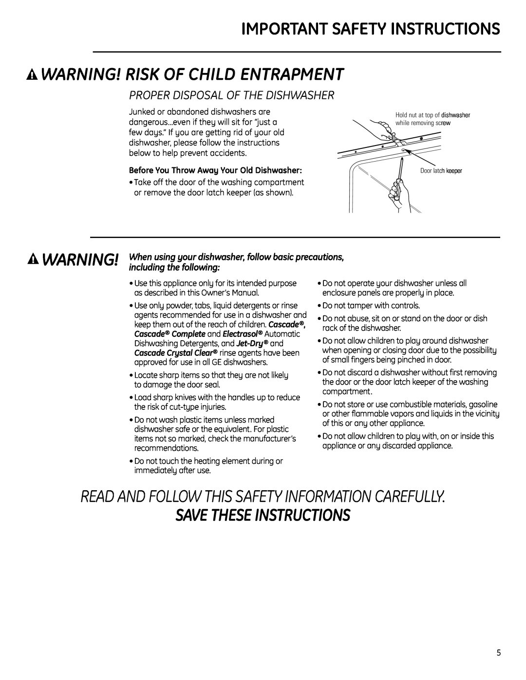 GE ZBD1870 owner manual Warning! Risk Of Child Entrapment, Save These Instructions, Important Safety Instructions 