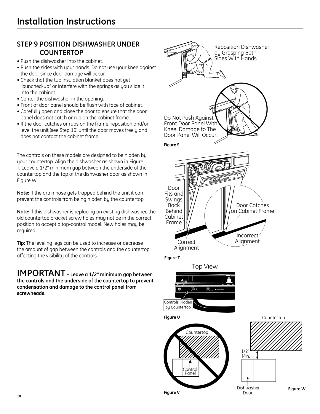 GE ZBD1870NSS installation instructions Position Dishwasher Under Countertop, Top View 