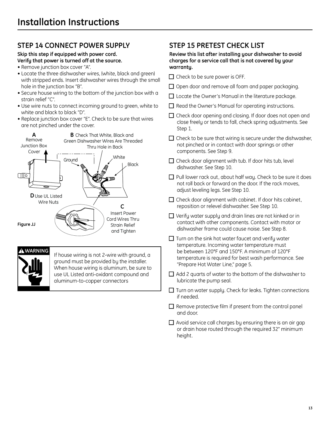 GE ZBD1870NSS installation instructions Connect Power Supply, Pretest Check List 