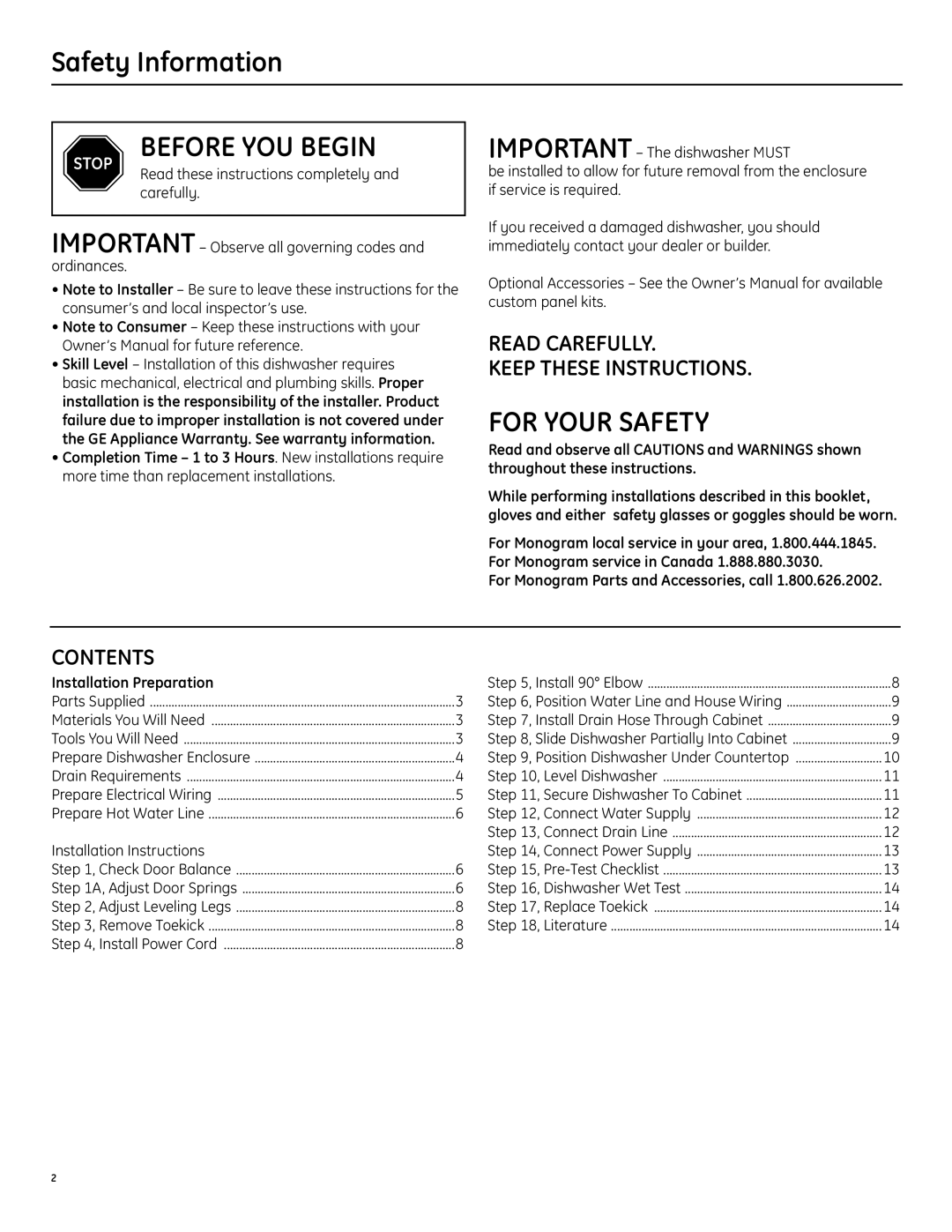 GE ZBD1870NSS installation instructions Safety Information, Contents, Read Carefully Keep These Instructions 