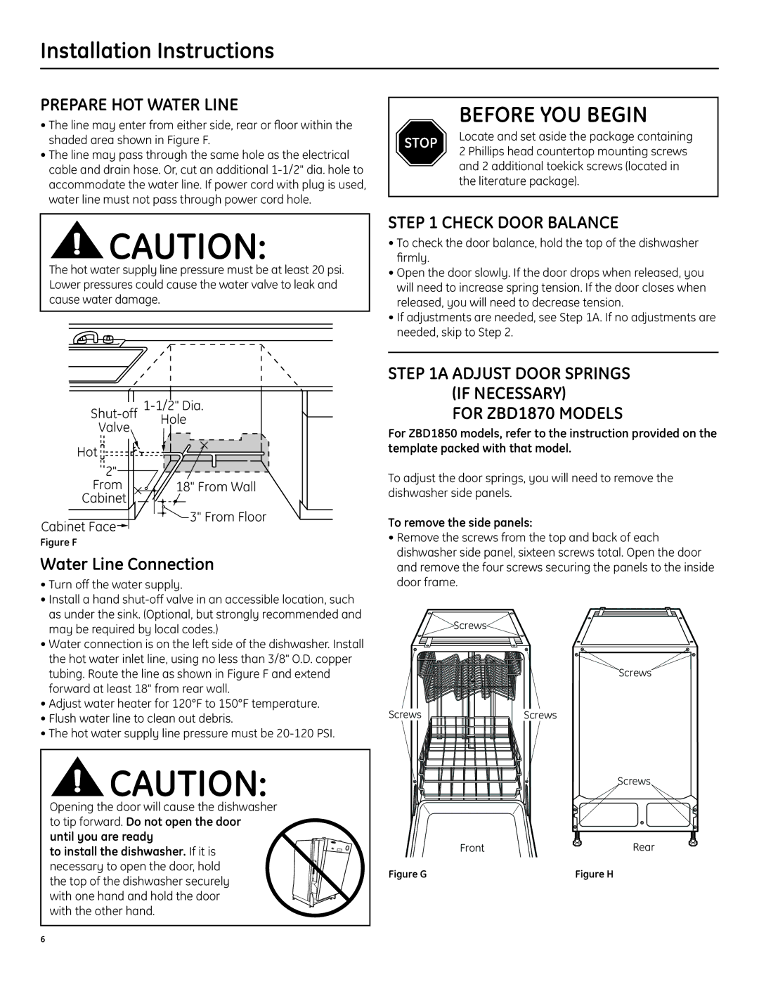 GE ZBD1870NSS installation instructions Installation Instructions, Prepare HOT Water Line, Check Door Balance 