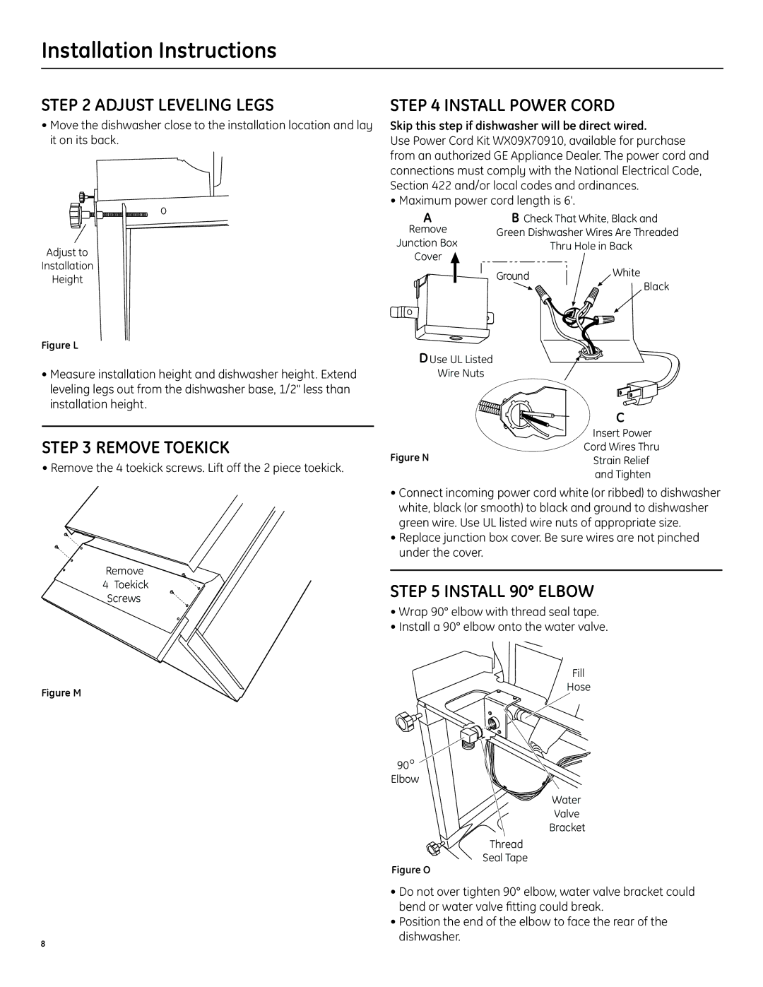 GE ZBD1870NSS installation instructions Adjust Leveling Legs, Remove Toekick, Install Power Cord, Install 90 Elbow 