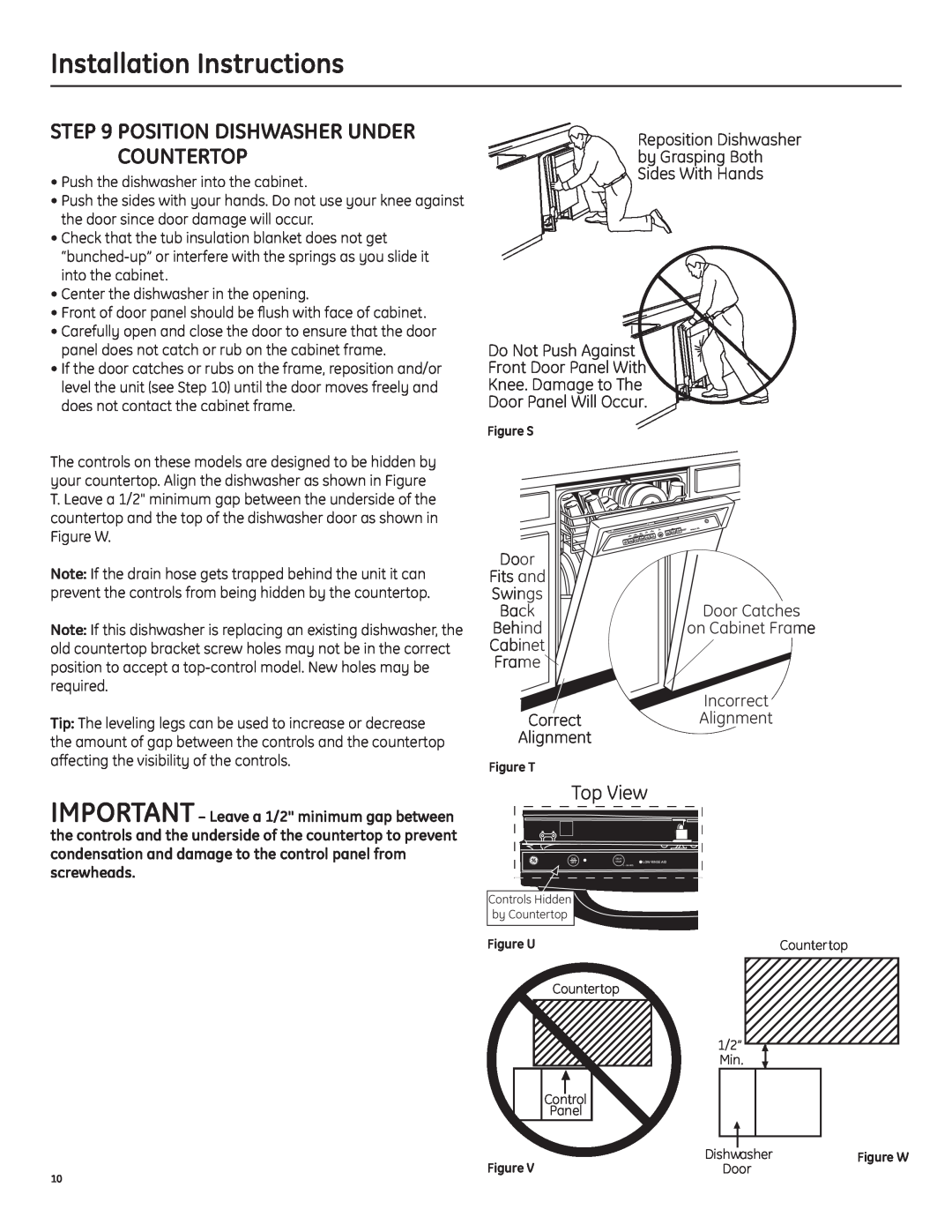 GE ZBD1870NSS installation instructions Position Dishwasher Under Countertop, Installation Instructions, Top View 