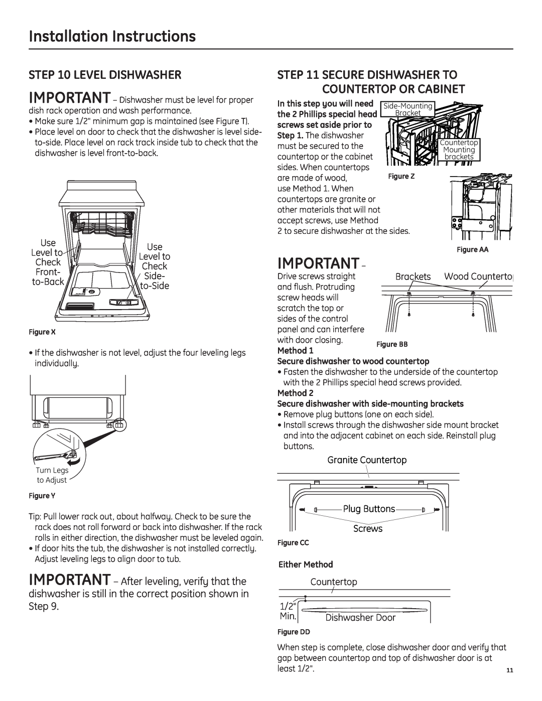 GE ZBD1870NSS Level Dishwasher, Installation Instructions, Secure Dishwasher To Countertop Or Cabinet, Either Method 
