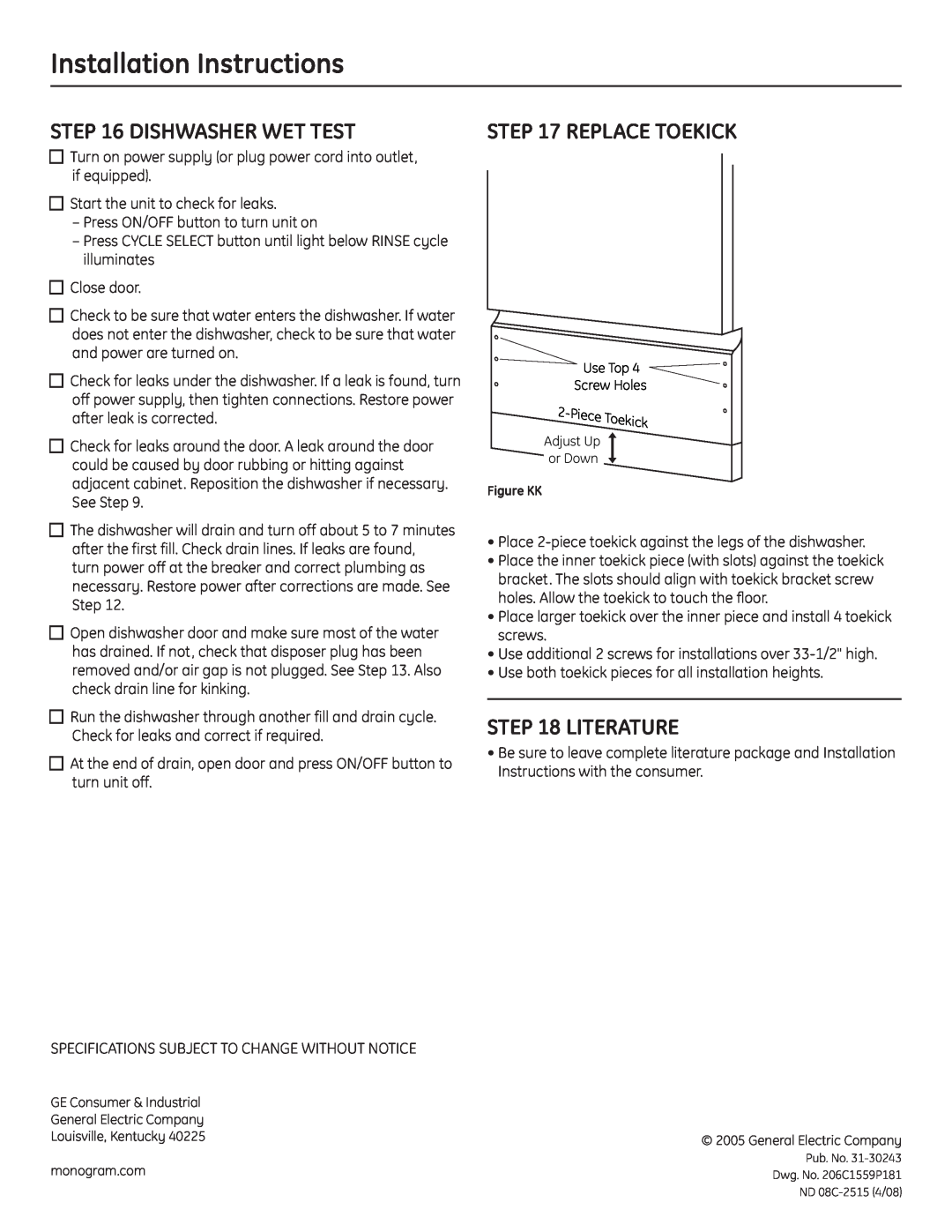 GE ZBD1870NSS installation instructions Dishwasher Wet Test, Replace Toekick, Literature, Installation Instructions 