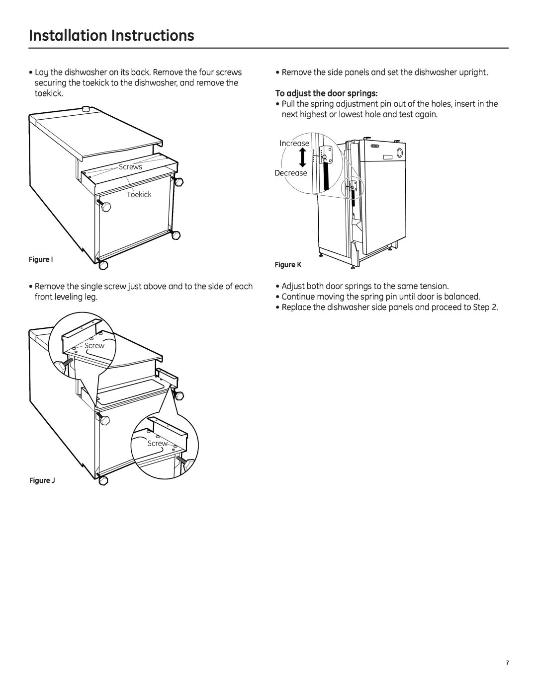 GE ZBD1870NSS installation instructions Installation Instructions, To adjust the door springs 