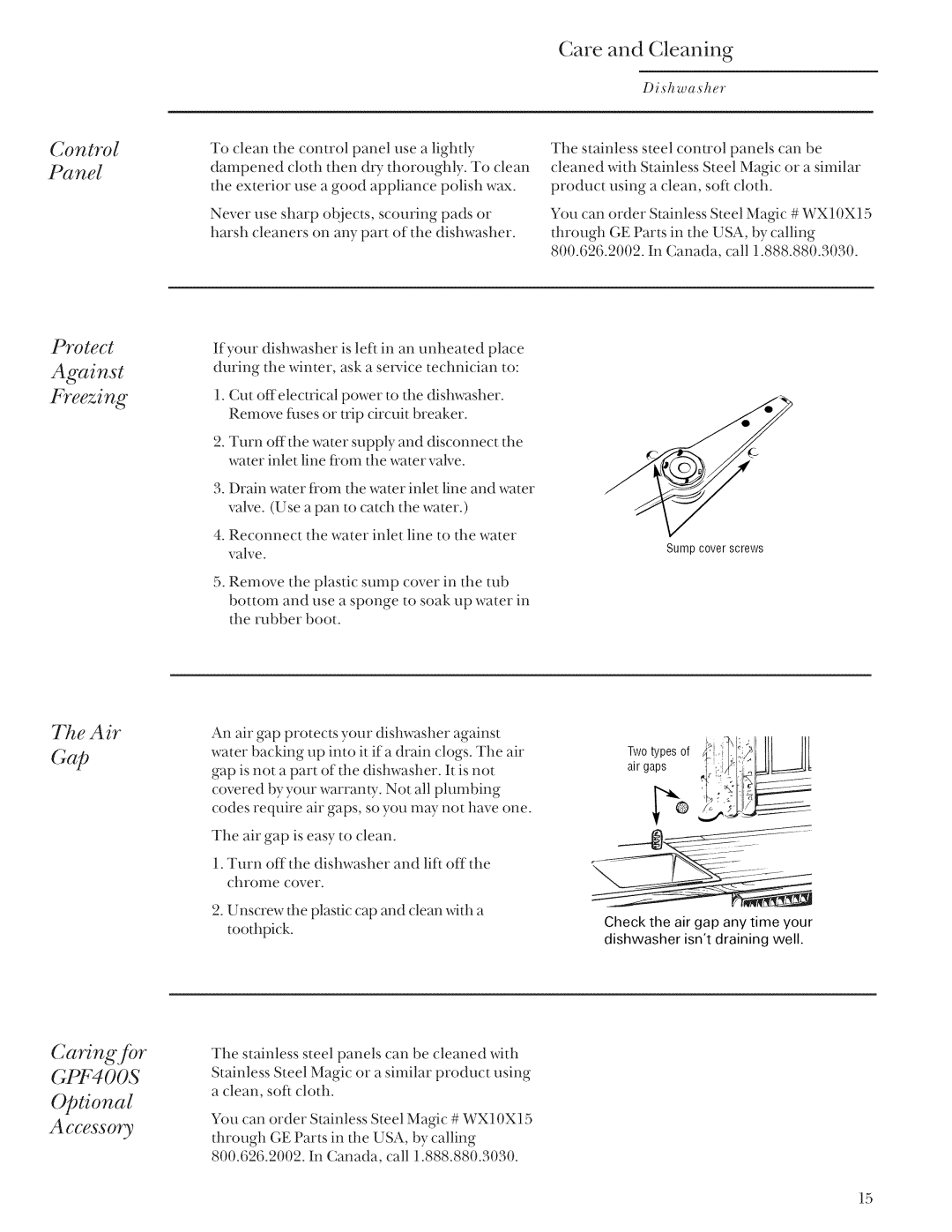 GE ZBD3540, ZBD3500, ZBD3900 manual Protect, Against Freezing, Caring for GPF400S Optional Accessory, Panel, Air 