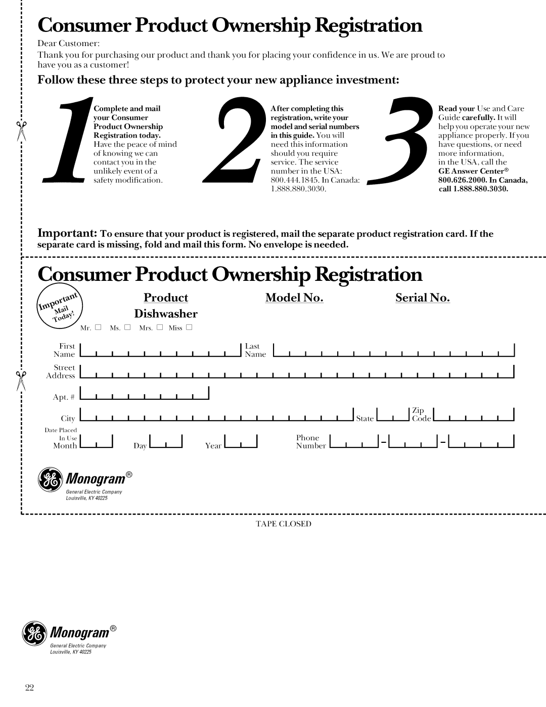 GE ZBD3500, ZBD3540, ZBD3900 manual Consumer Product Ownership Registration 