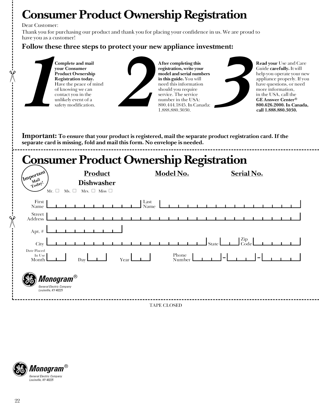 GE ZBD3500 manual First, Consumer Product Ownership Registration, I _arII YearlI, Monogram, leastName, Dishwasher, Model No 