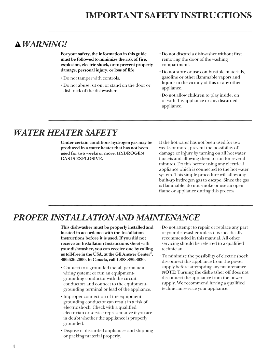GE ZBD3500, ZBD3540 Important Safety Instructions, Proper Ins Talla Tion And Maintenance, t, WARNING, Water Heater Safety 