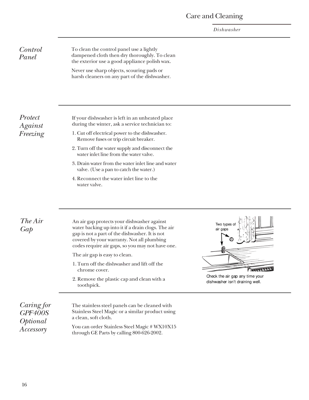 GE ZBD4200 manual Control Panel Protect Against Freezing, Care and Cleaning, Air Gap, Caring for GPF400S Optional Accessory 