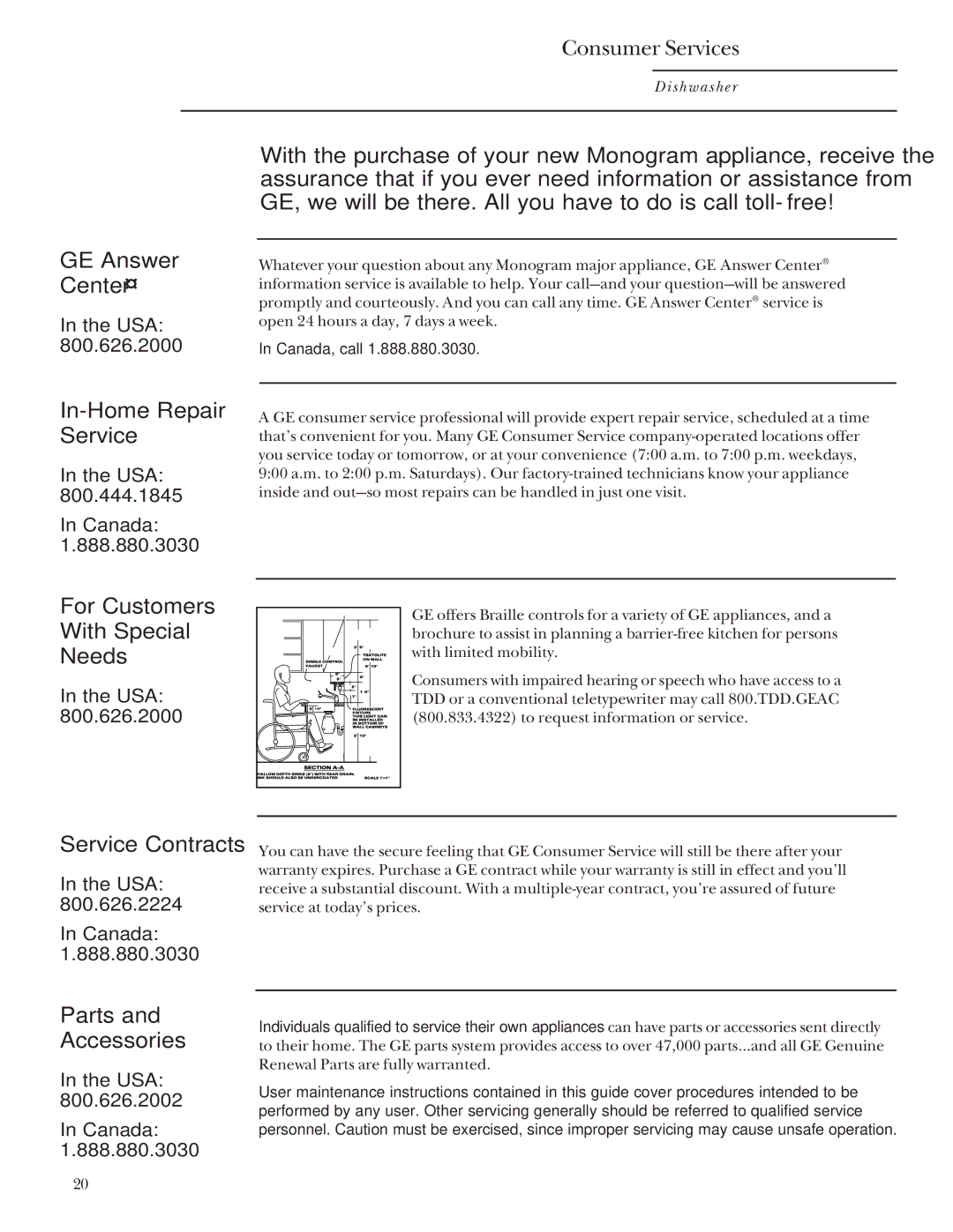 GE ZBD4200, 165D4700P192 GE Answer Center, In-Home Repair Service, For Customers With Special Needs…, Service Contracts 