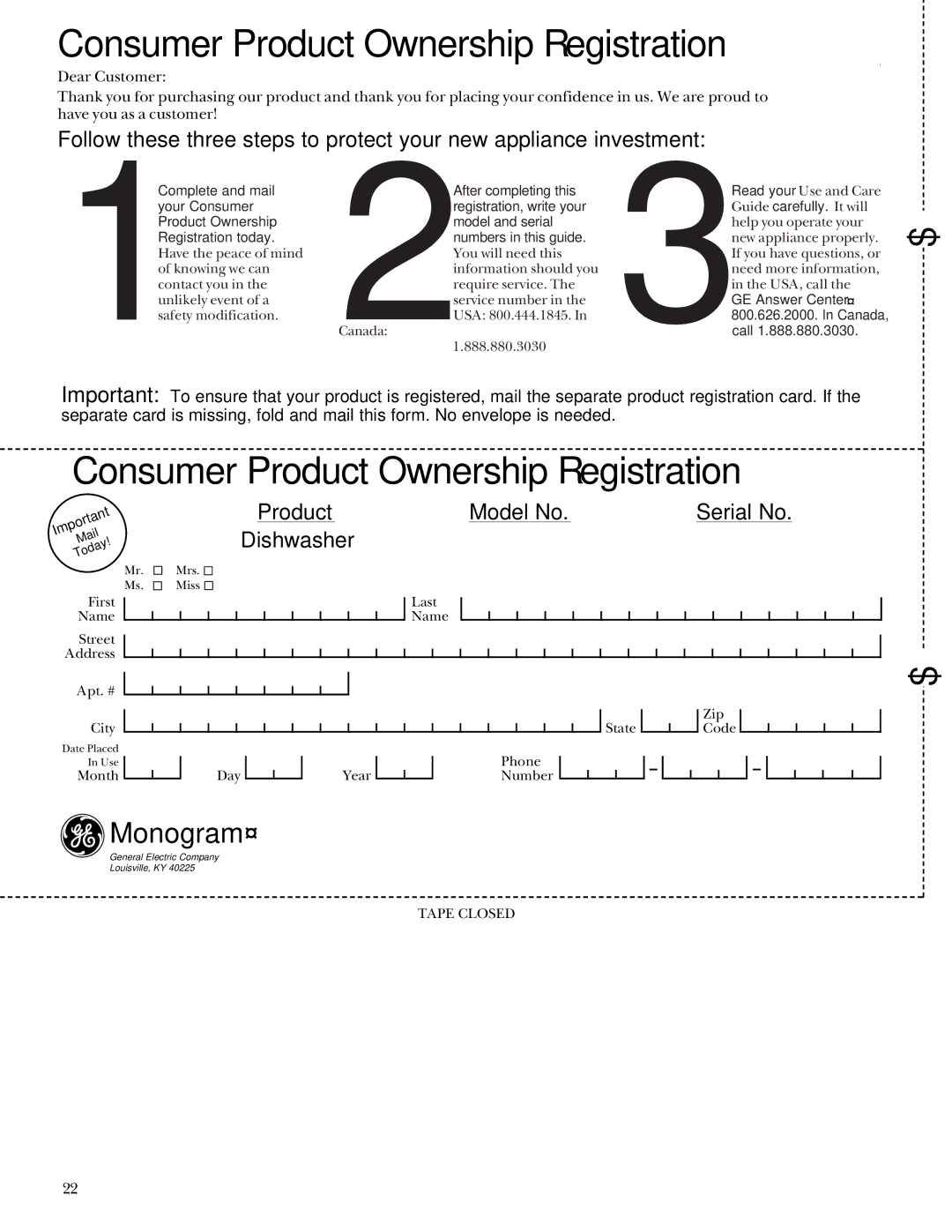 GE ZBD4200, 165D4700P192 manual Consumer Product Ownership Registration, Product Model No Serial No Dishwasher 