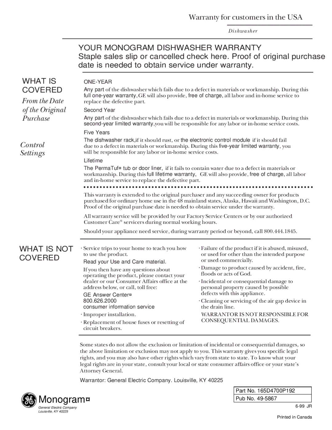 GE ZBD4200, 165D4700P192 manual From the Date Original Purchase Control Settings, Warranty for customers in the USA 
