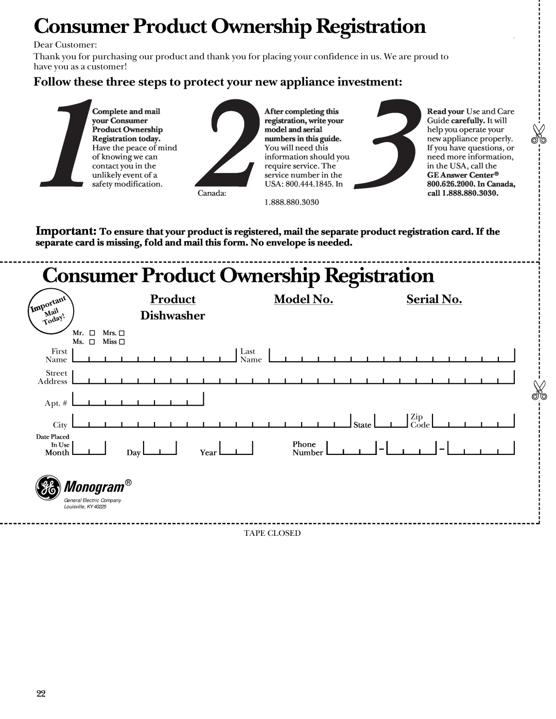 GE ZBD4200, 165D4700P192 manual Consumer Product Ownership Registration, Model No, Serial No, Dishwasher, Monogram 
